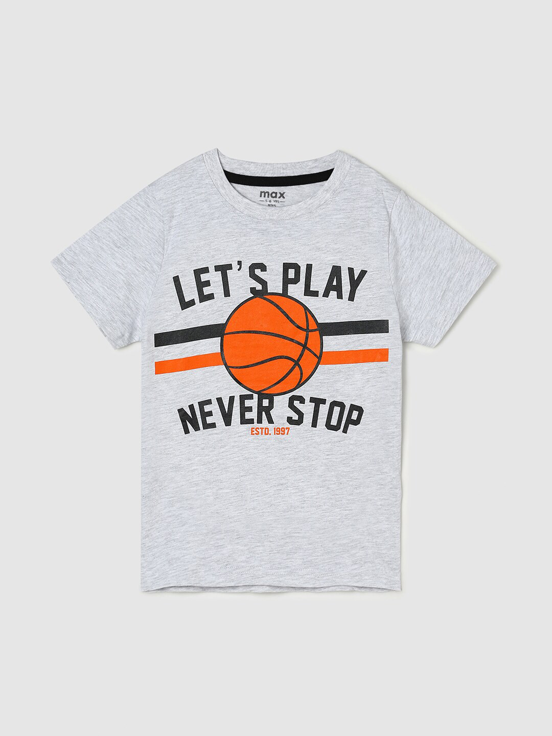

max Boys Typography Printed Pure Cotton T-shirt, Grey