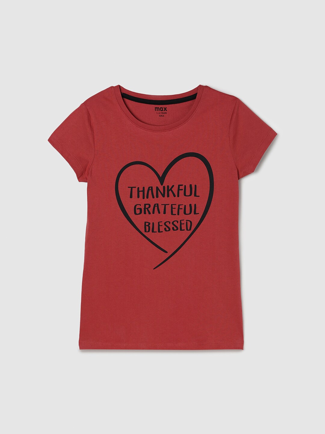 max Girls Typography Printed Cotton T-shirt, Red