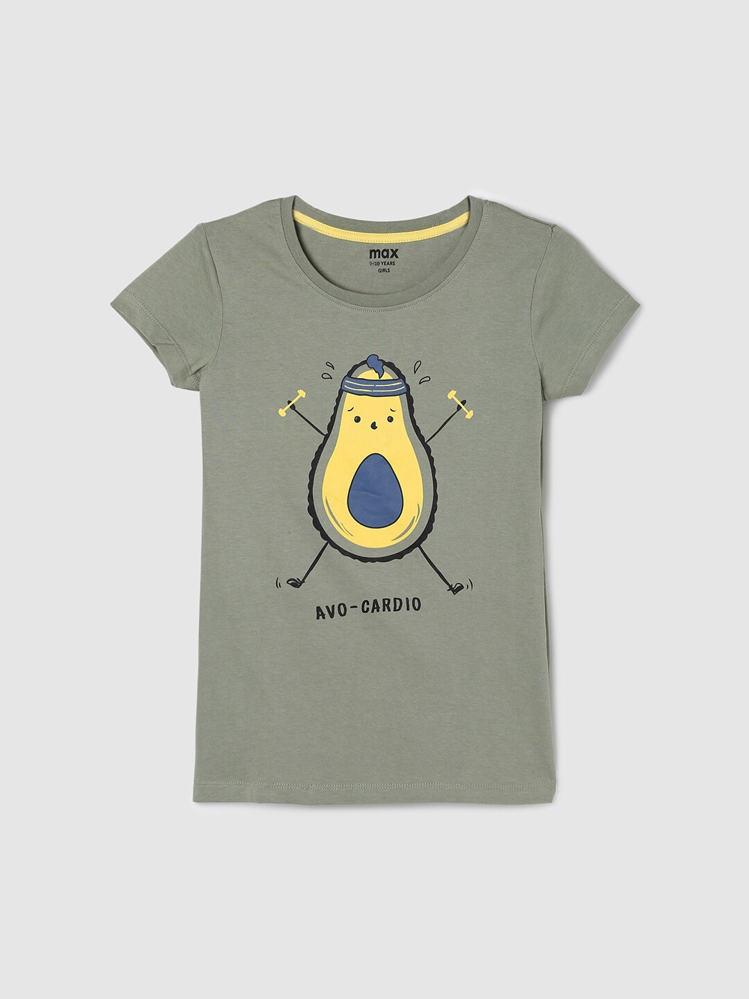 

max Girls Green Printed Cotton T-shirt, Grey