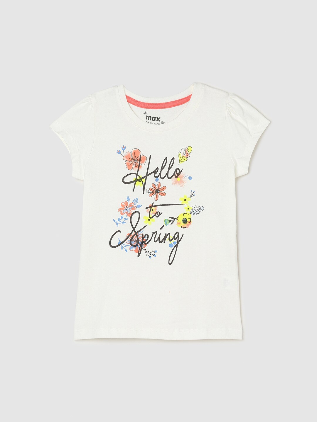 max Girls Typography Printed Pure Cotton T-shirt, White