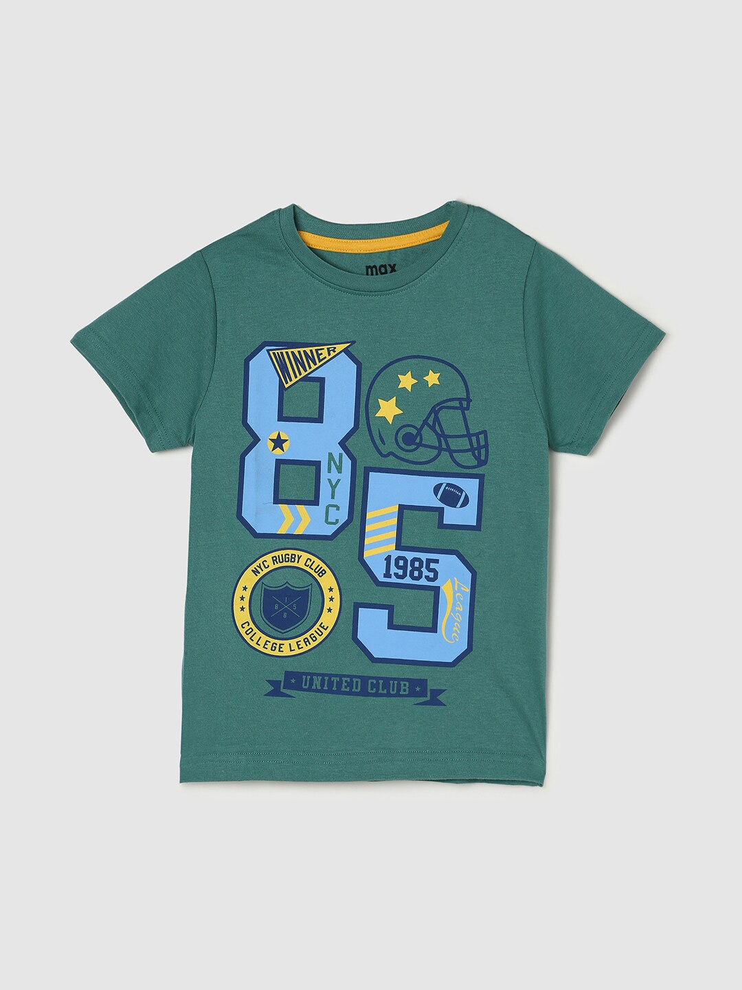 

max Boys Typography Printed Cotton T-shirt, Green