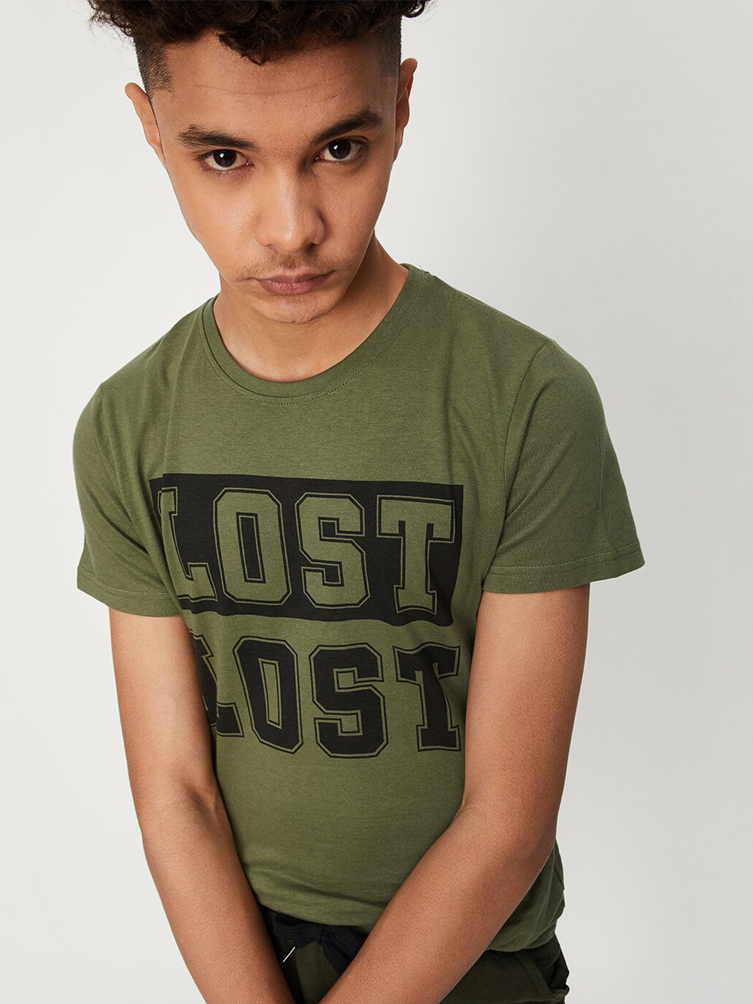 

max Boys Typography Printed Cotton T-shirt, Green