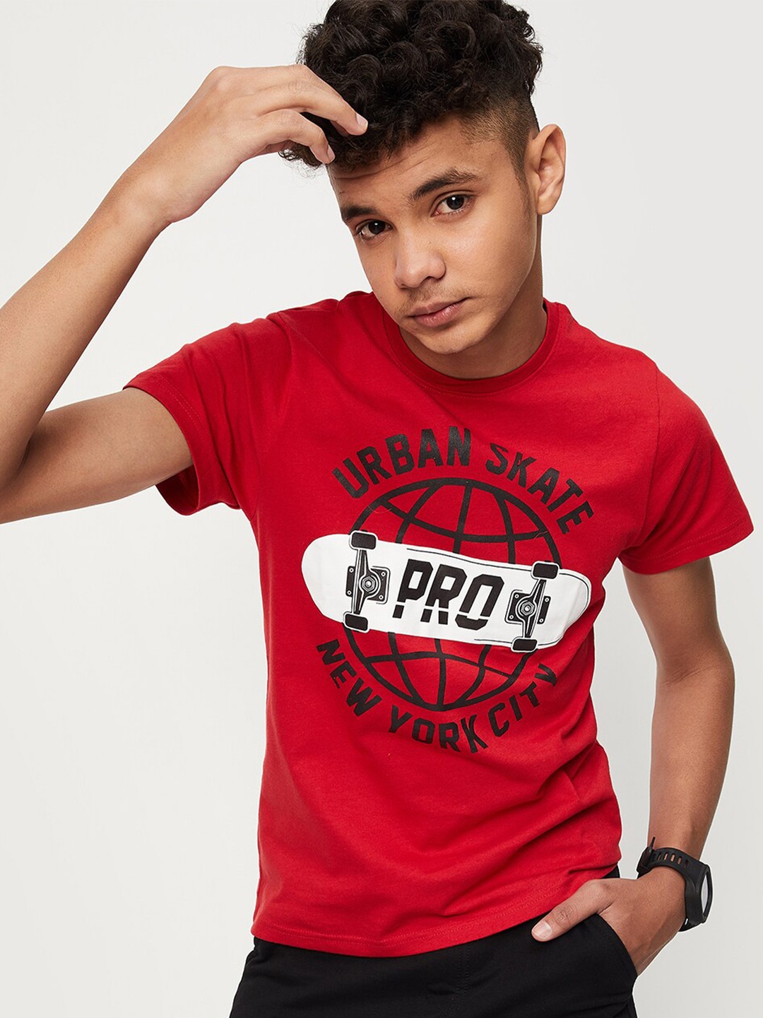 

max Boys Typography Printed Cotton T-shirt, Red