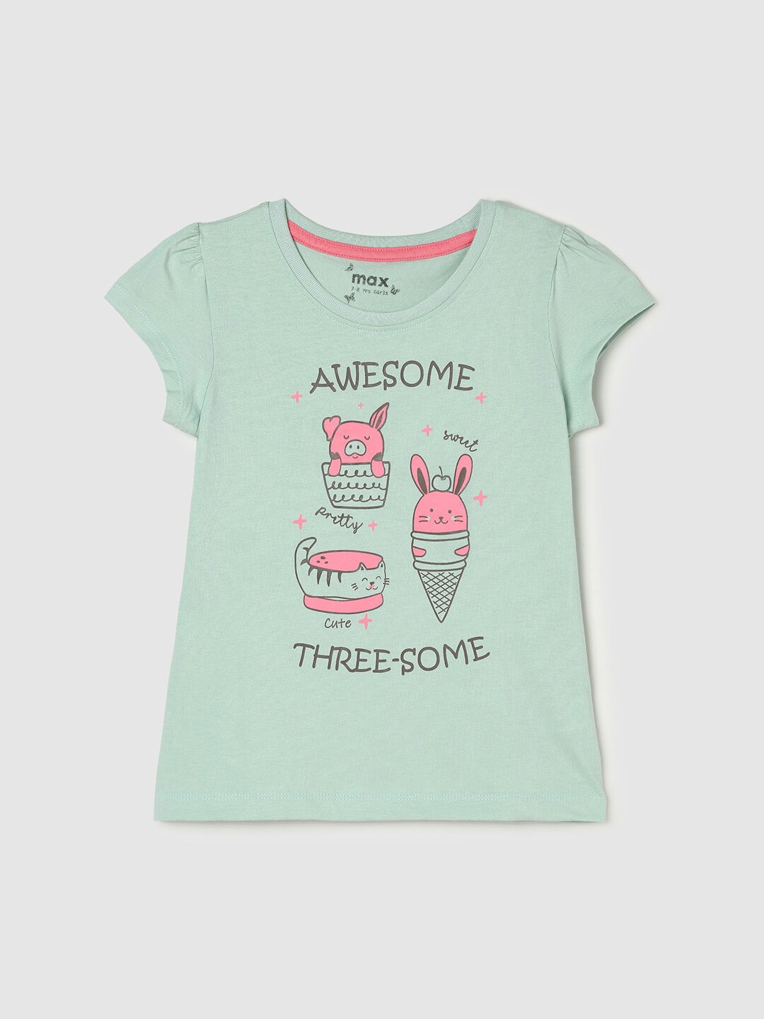 

max Girls Printed Cap Sleeve Pure Cotton T-shirt, Green