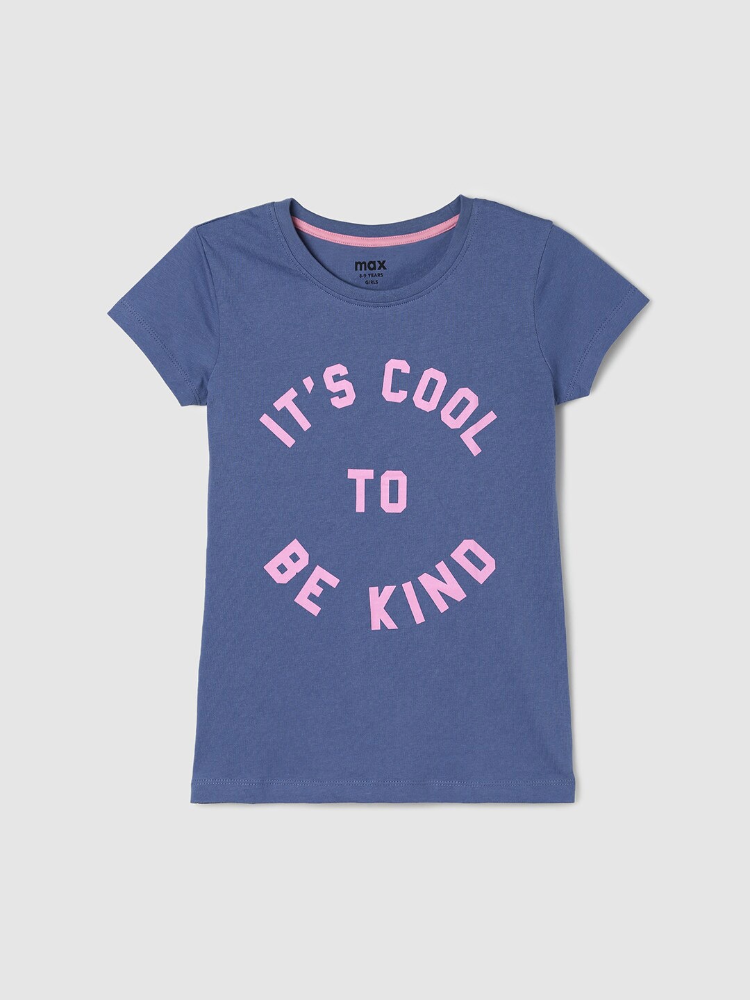 

max Girls Typography Printed Round Neck Short Sleeve Cotton T-shirt, Blue