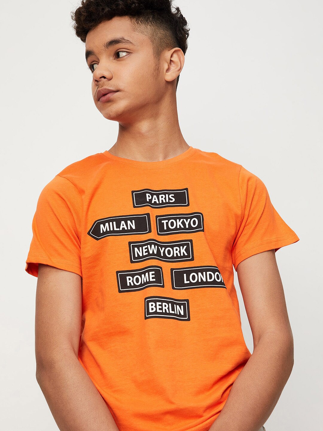 

max Boys Typography Printed Cotton T-shirt, Orange