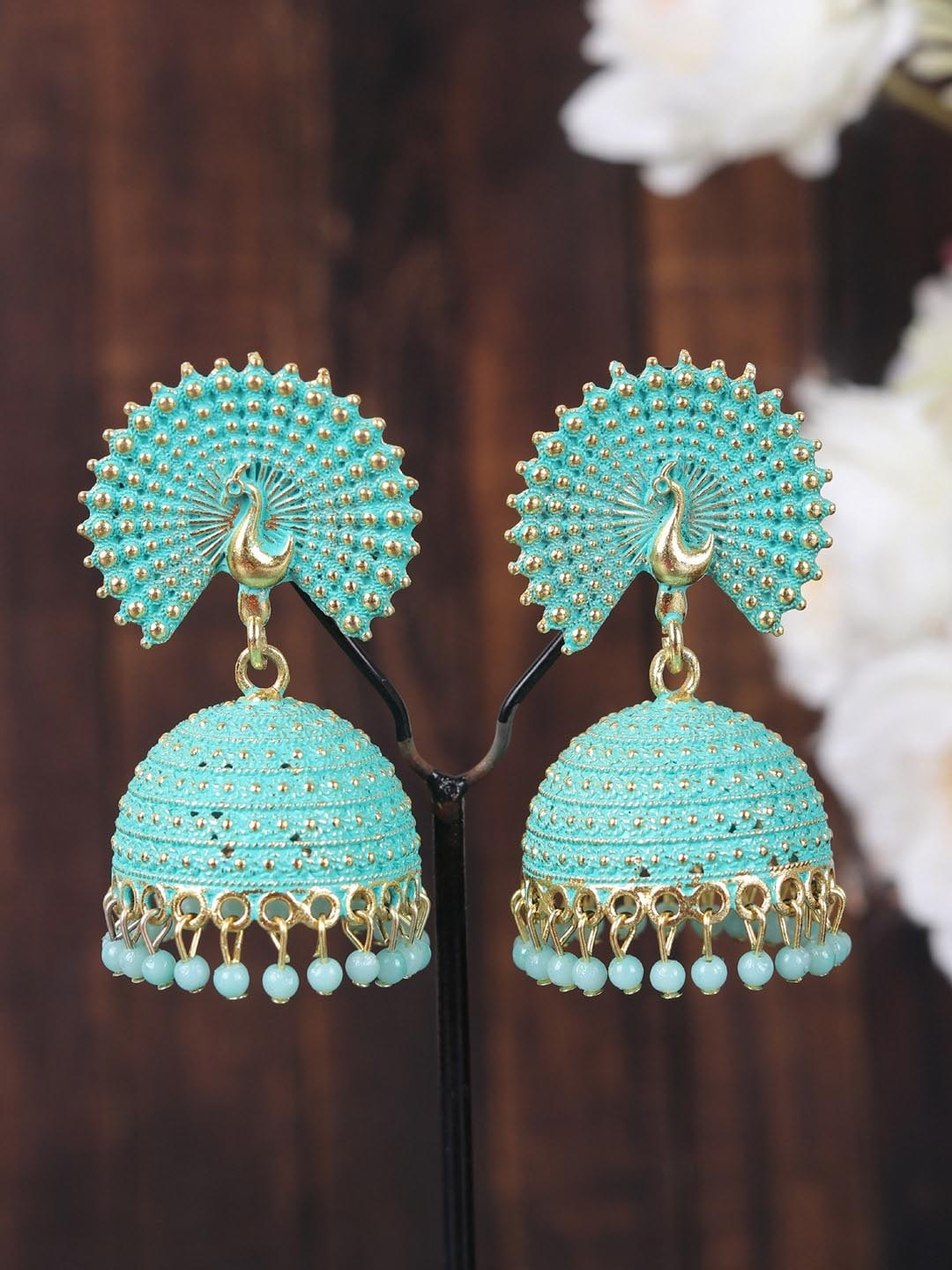 

Crunchy Fashion Gold Plated Peacock Shaped Jhumkas Earrings, Turquoise blue