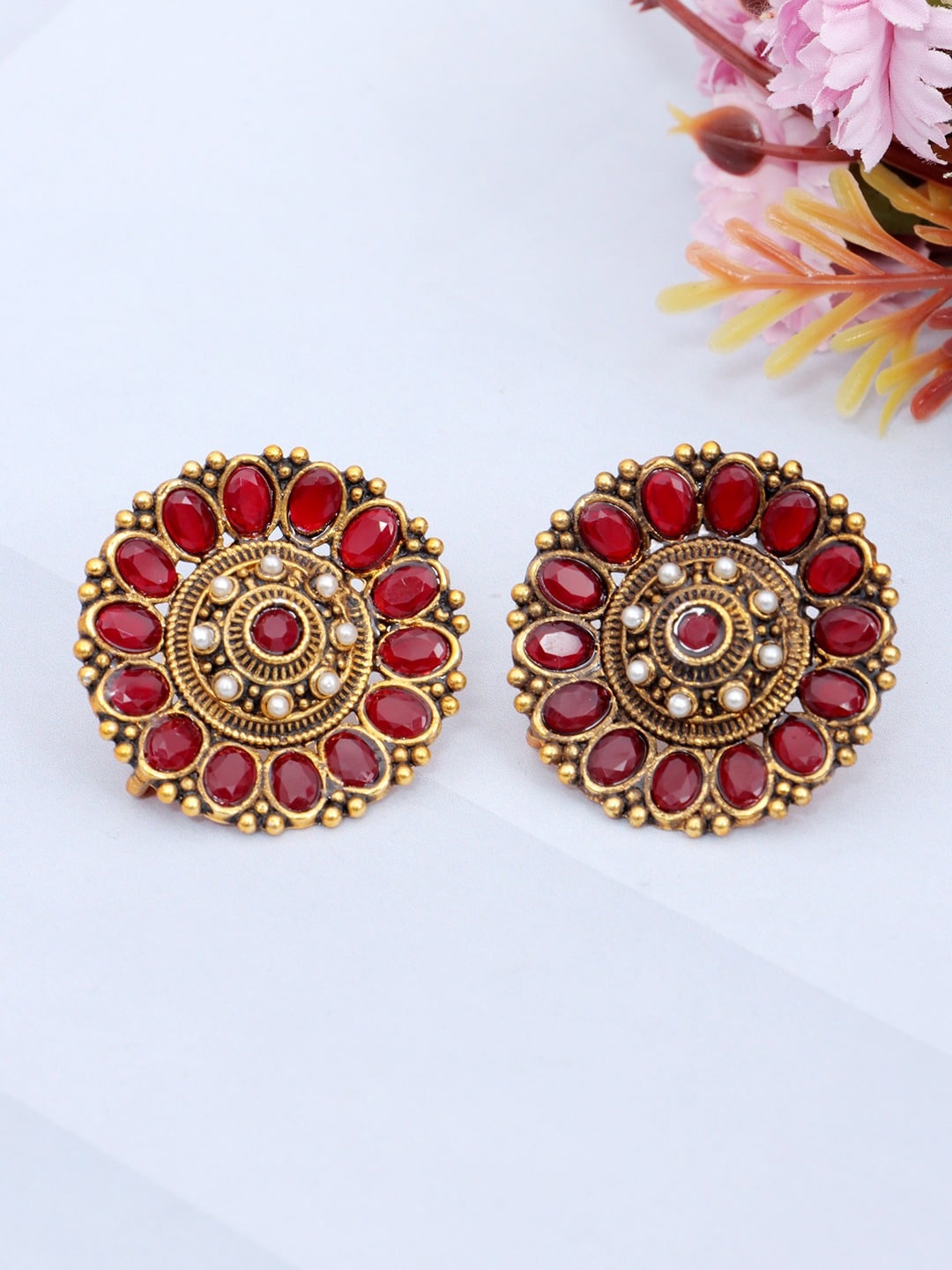 

Crunchy Fashion Gold Plated Classic Studs Earrings, Red