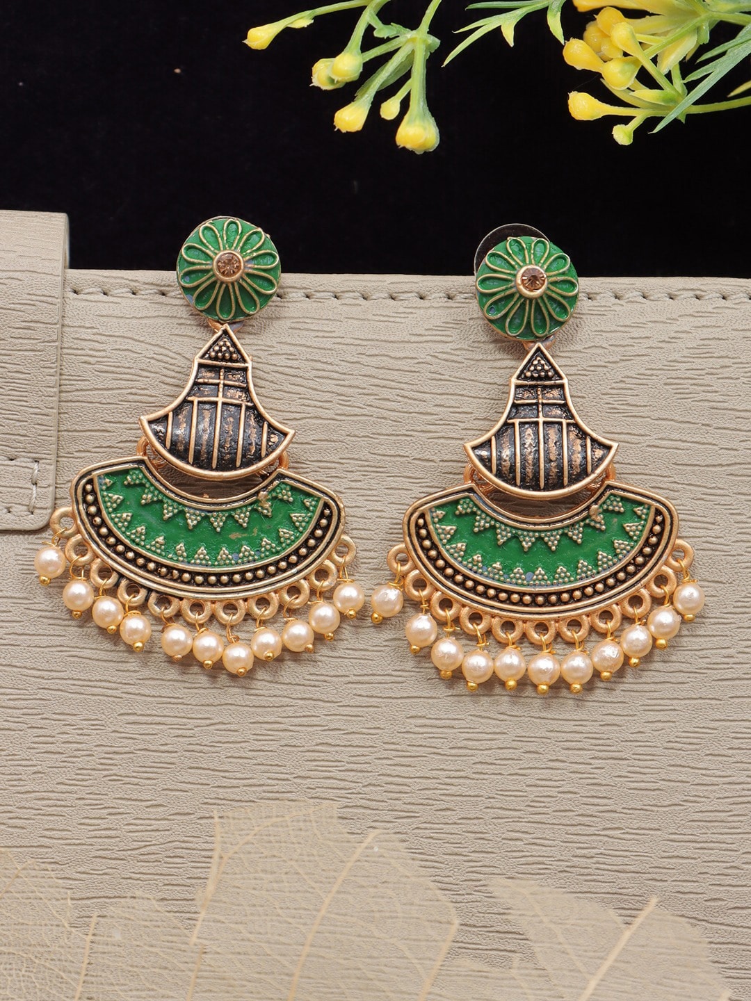 

Crunchy Fashion Gold Plated Classic Chandbalis Drop Earrings, Green