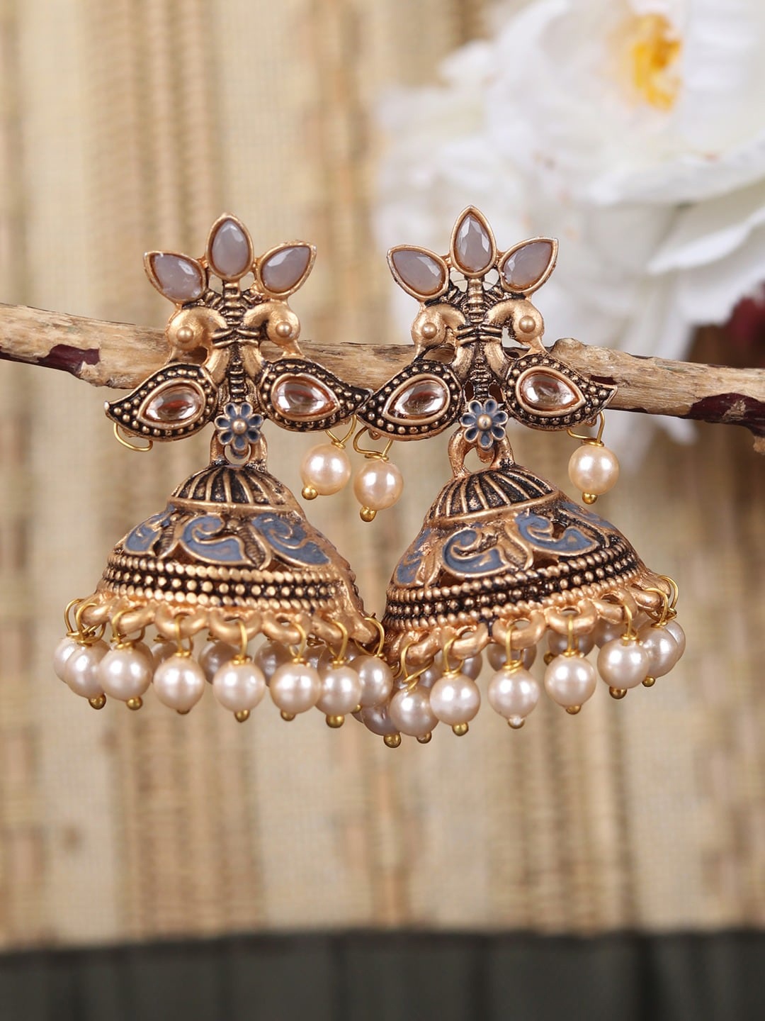 

Crunchy Fashion Gold Plated Classic Jhumkas Earrings, Grey