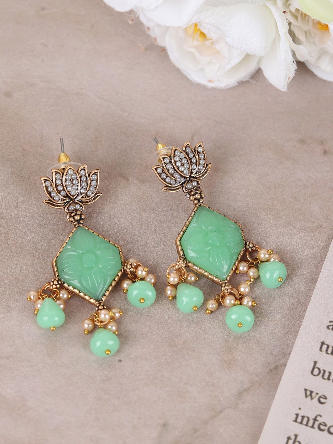 

Crunchy Fashion Gold Plated Classic Jhumkas Earrings, Sea green