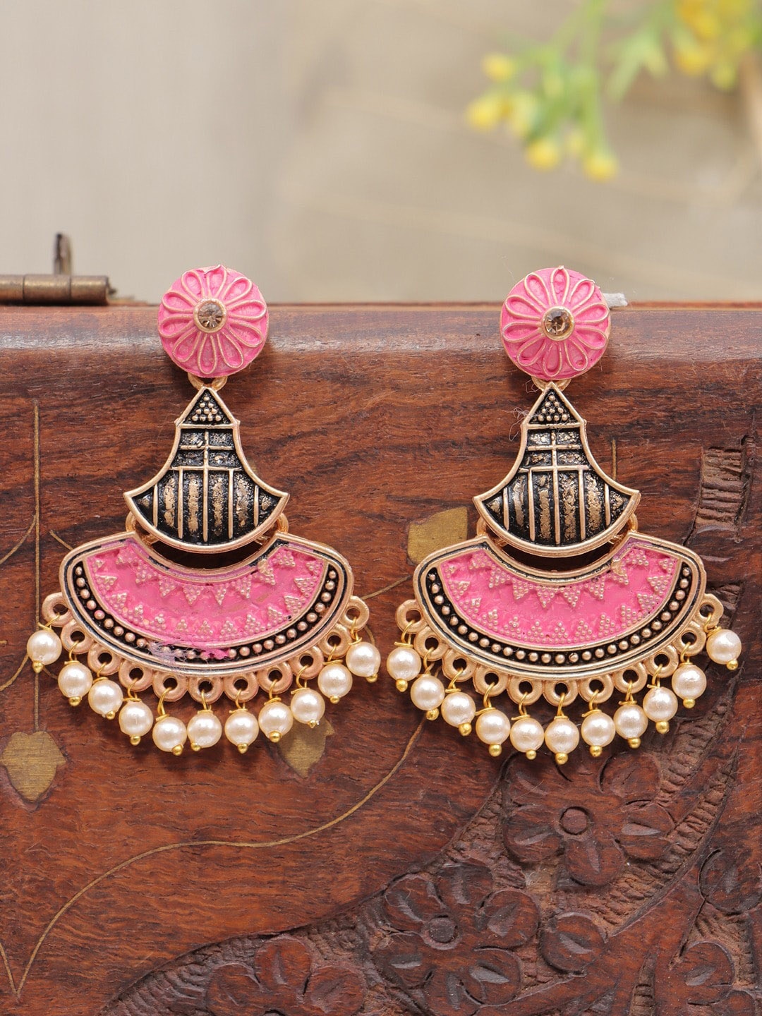 

Crunchy Fashion Gold Plated Classic Chandbalis Drop Earrings, Pink