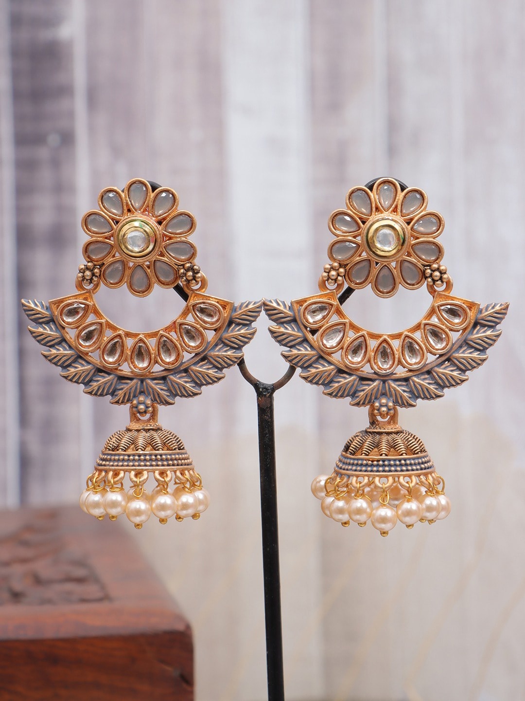 

Crunchy Fashion Gold Plated Classic Jhumkas Earrings, Grey