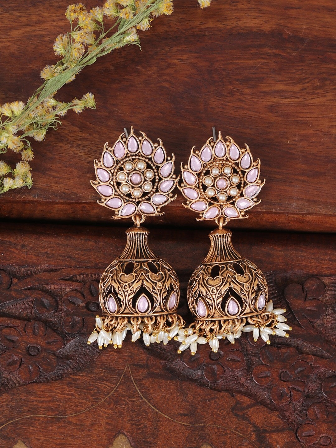 

Crunchy Fashion Gold Plating Classic Jhumka Earrings, Pink