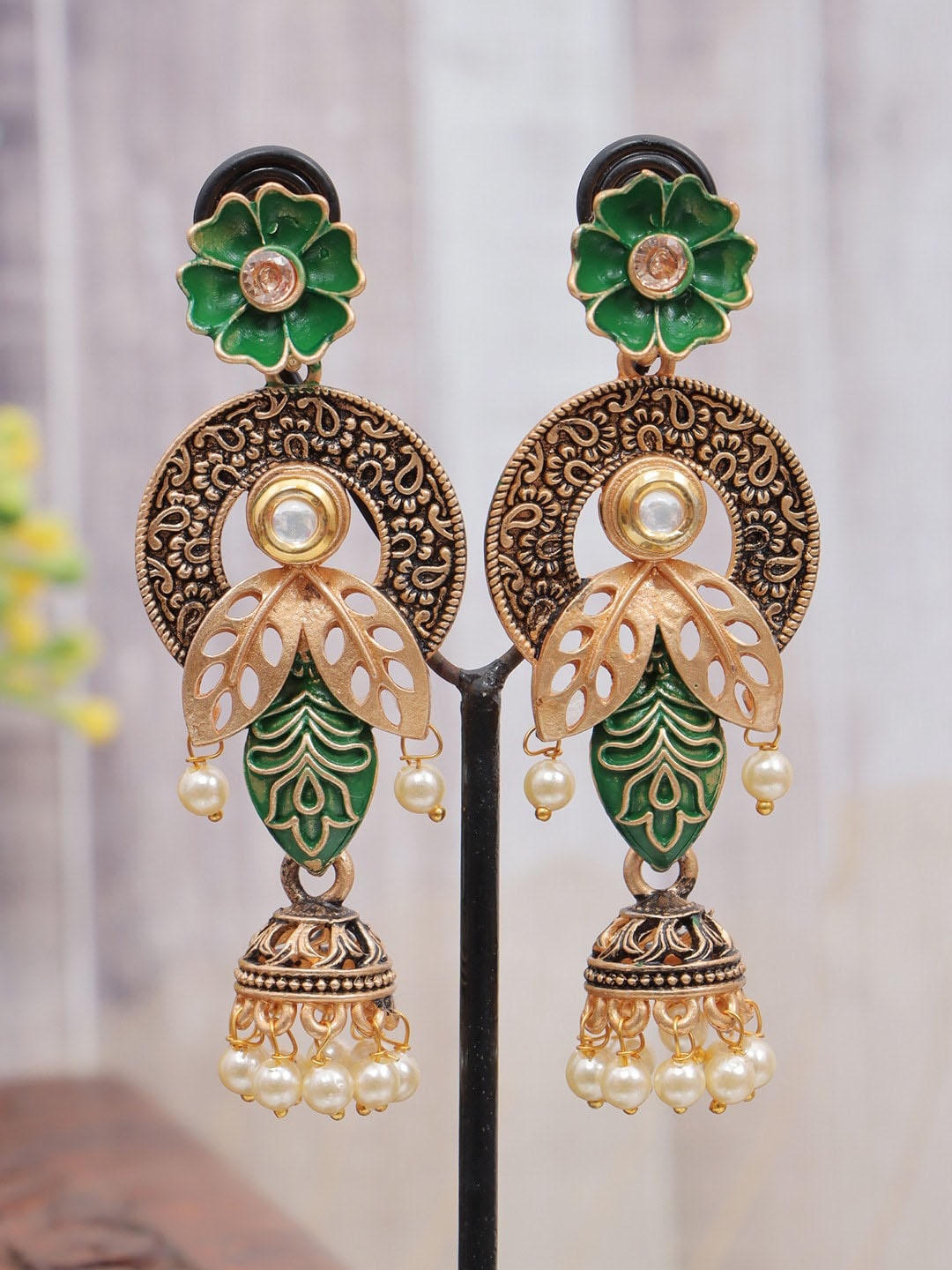 

Crunchy Fashion Gold Plated Classic Jhumkas Earrings, Green