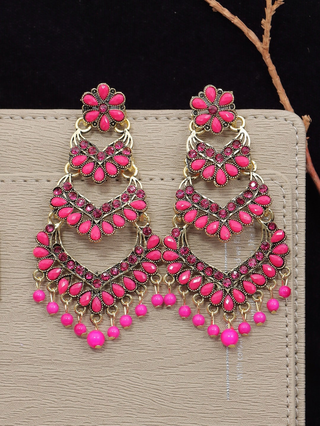 

Crunchy Fashion Gold-Plated Classic Chandbalis Drop Earrings, Pink