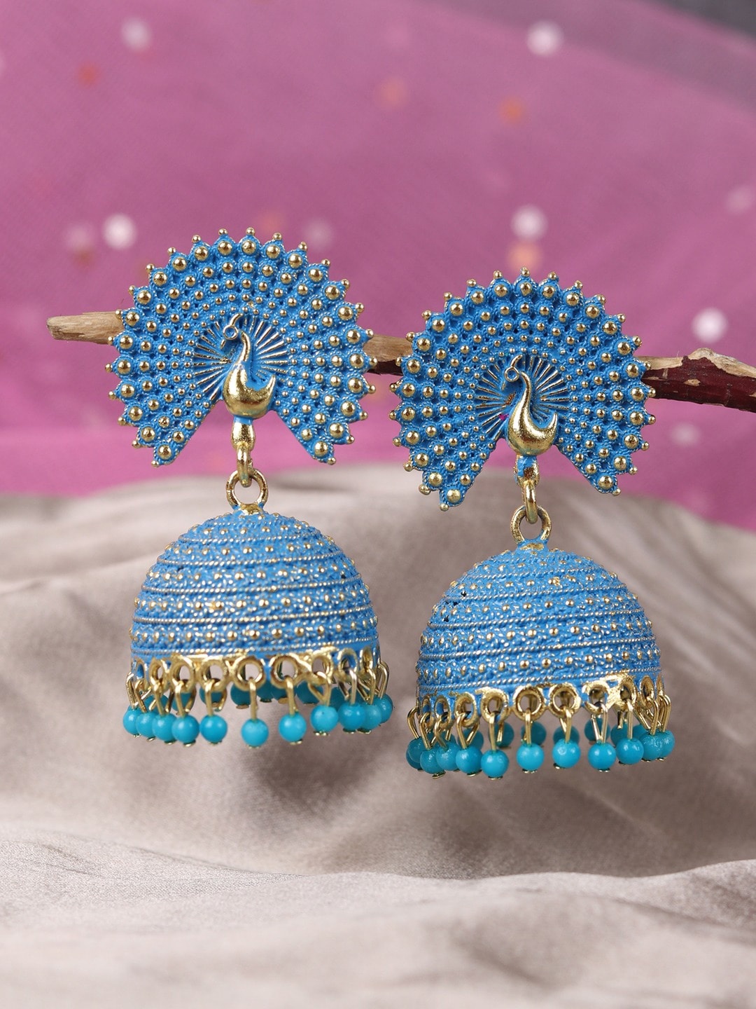 

Crunchy Fashion Gold-Plated Peacock Shaped Jhumkas, Blue