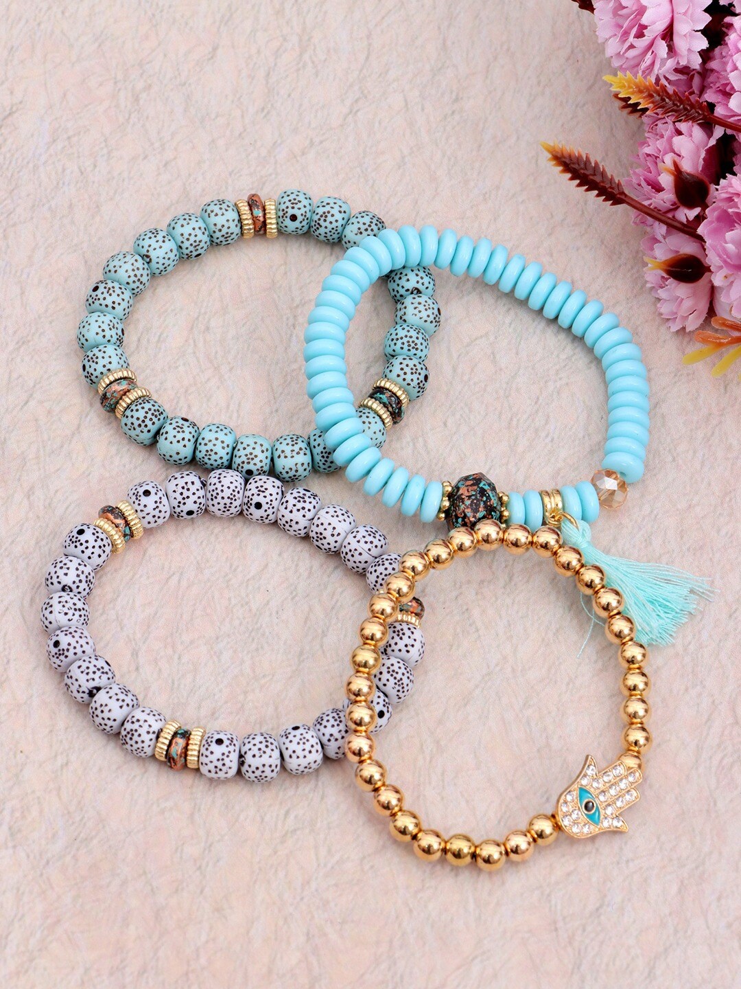 

Crunchy Fashion Women Set Of 4 Gold-Plated Bracelet, Turquoise blue