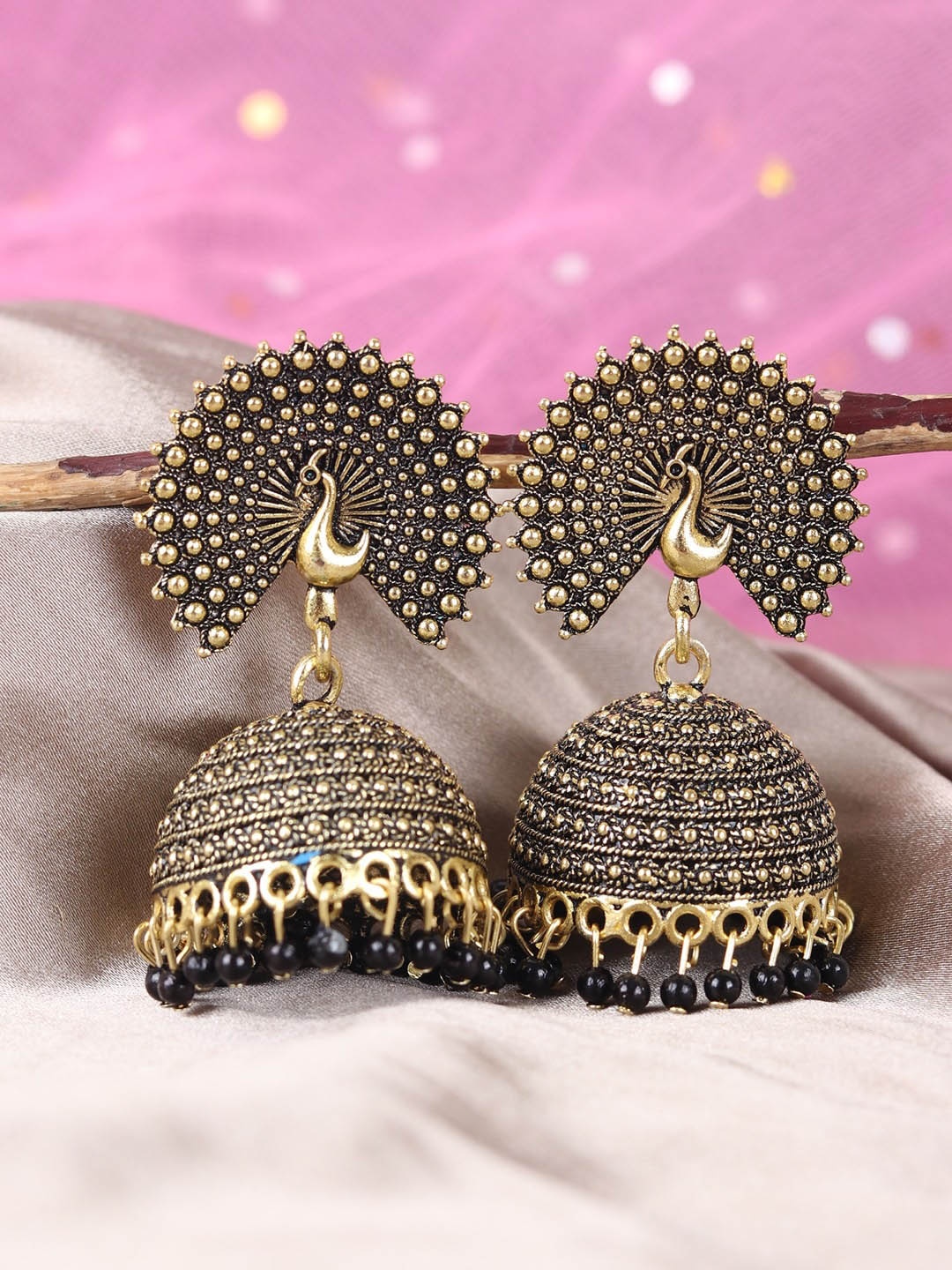 

Crunchy Fashion Gold-Plated Peacock Shaped Jhumkas, Black