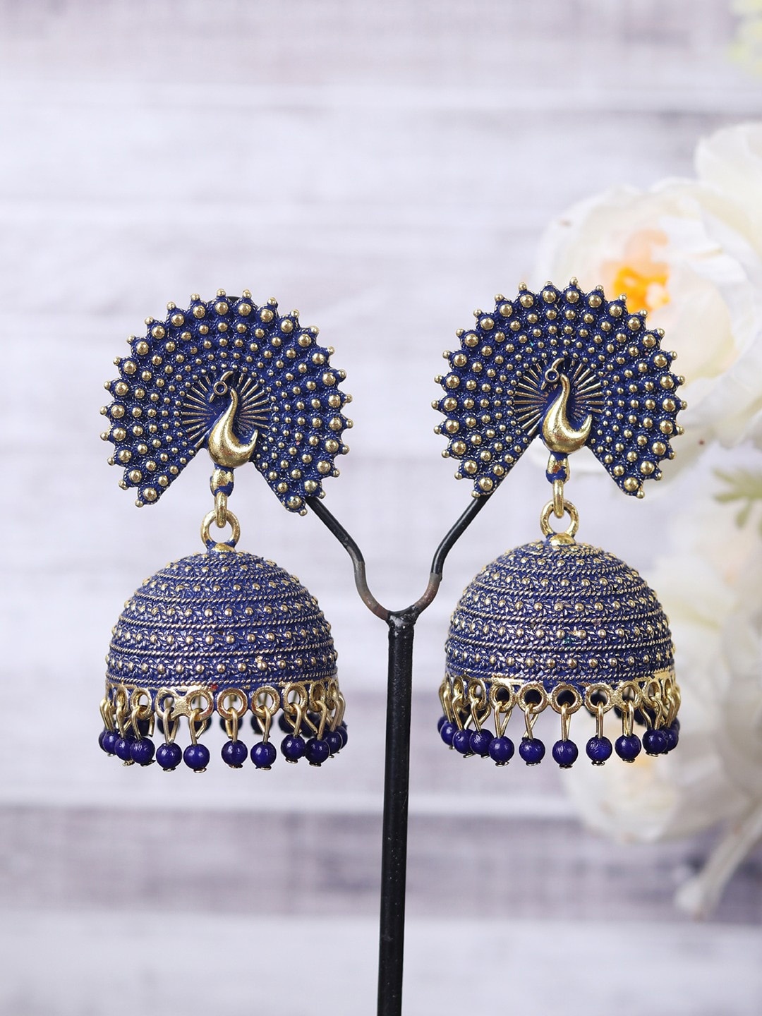 

Crunchy Fashion Gold-Plated Peacock Shaped Jhumkas, Navy blue