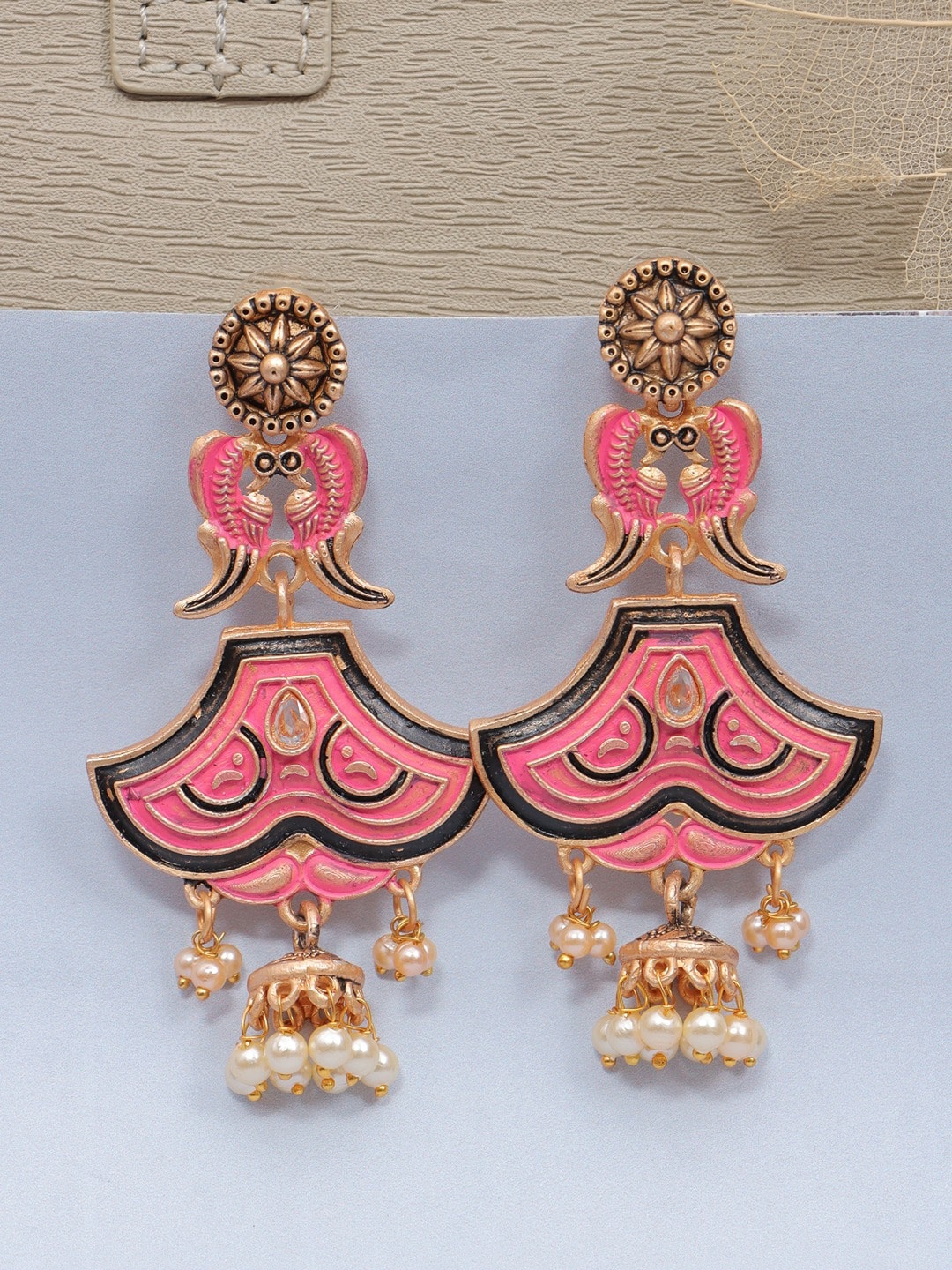 

Crunchy Fashion Gold-Plated Peacock Shaped Drop Earrings, Pink