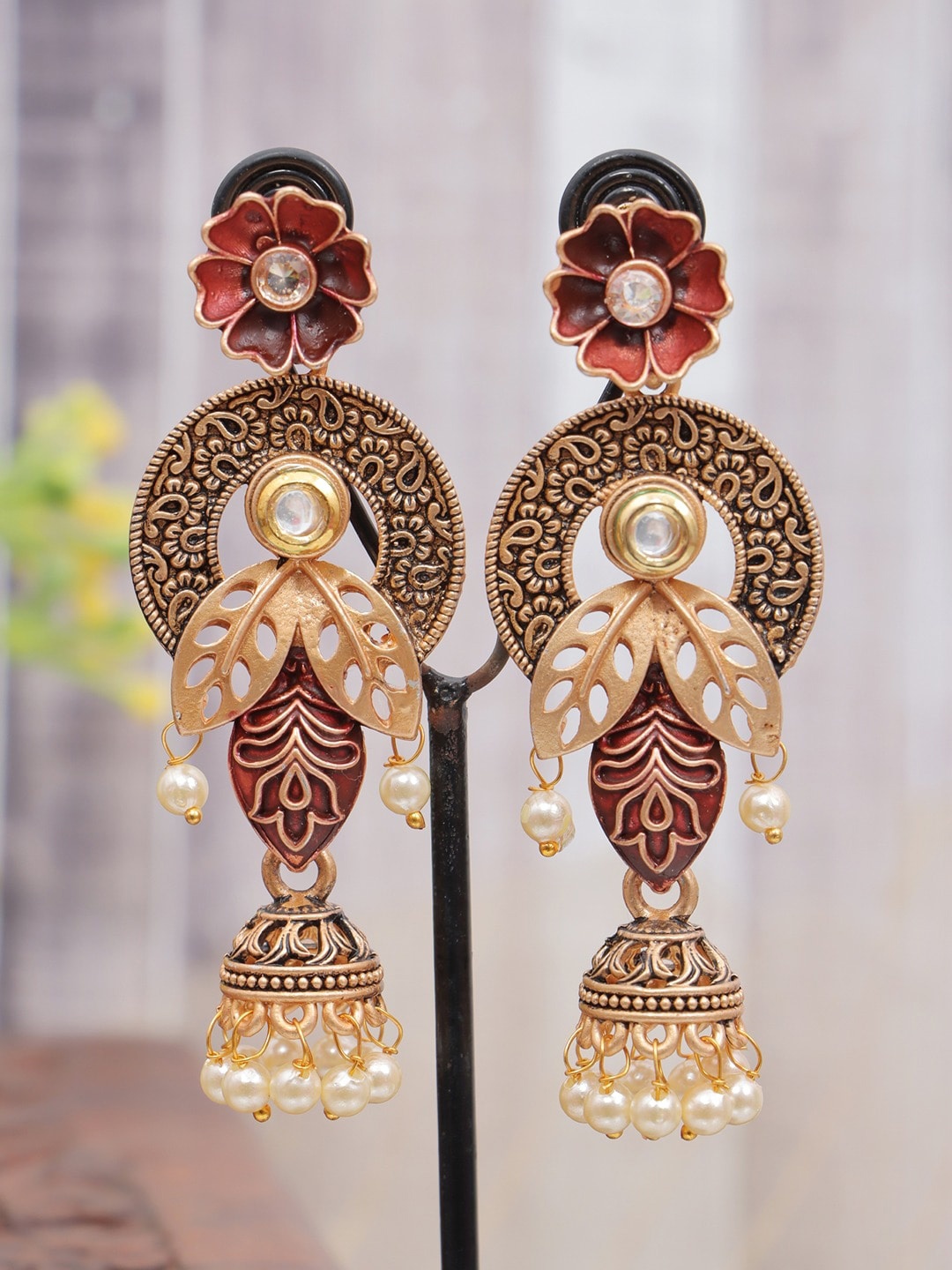 

Crunchy Fashion Gold-Plated Classic Jhumkas, Maroon