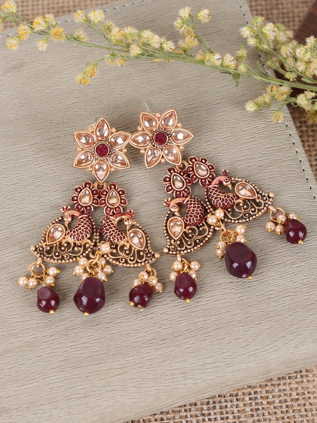 

Crunchy Fashion Gold-Plated Peacock Shaped Drop Earrings, Maroon