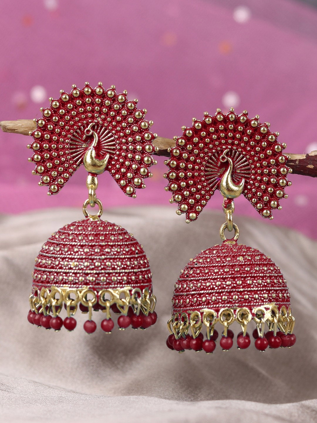 

Crunchy Fashion Gold-Plated Peacock Shaped Jhumkas, Pink