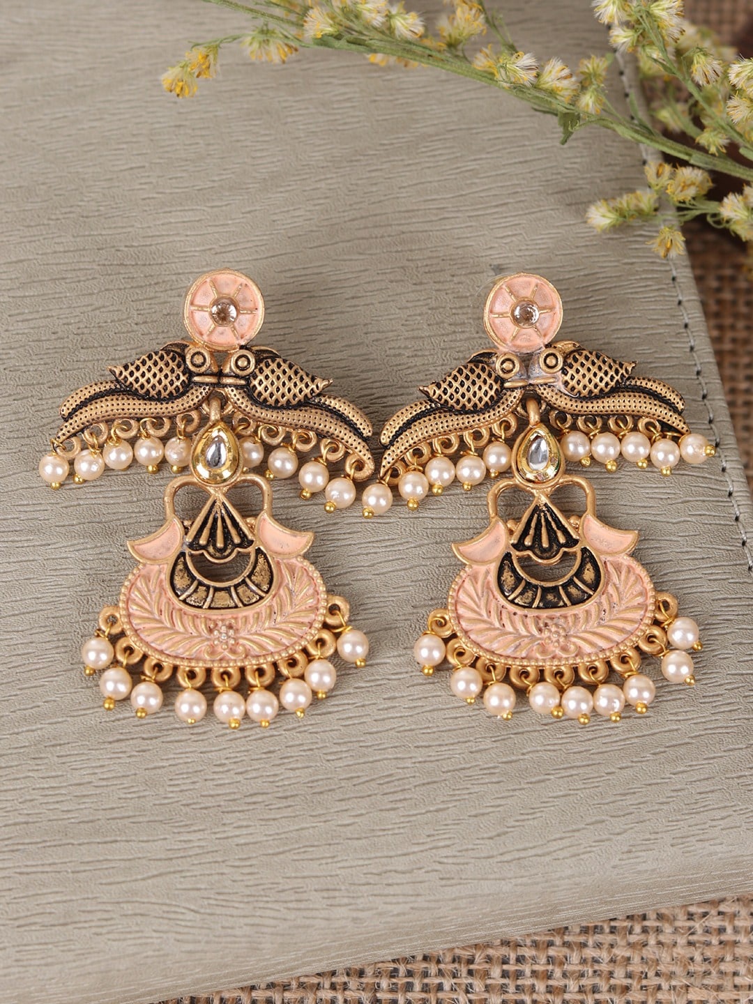 

Crunchy Fashion Gold-Plated Peacock Shaped Drop Earrings, Peach