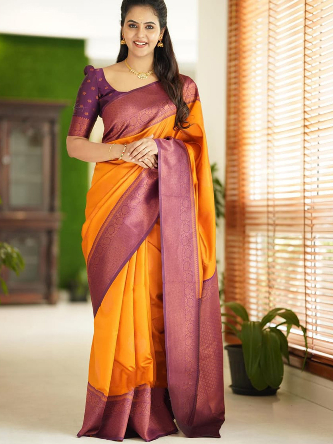 

AVANTIKA FASHION Yellow & Purple Woven Design Zari Pure Silk Kanjeevaram Saree