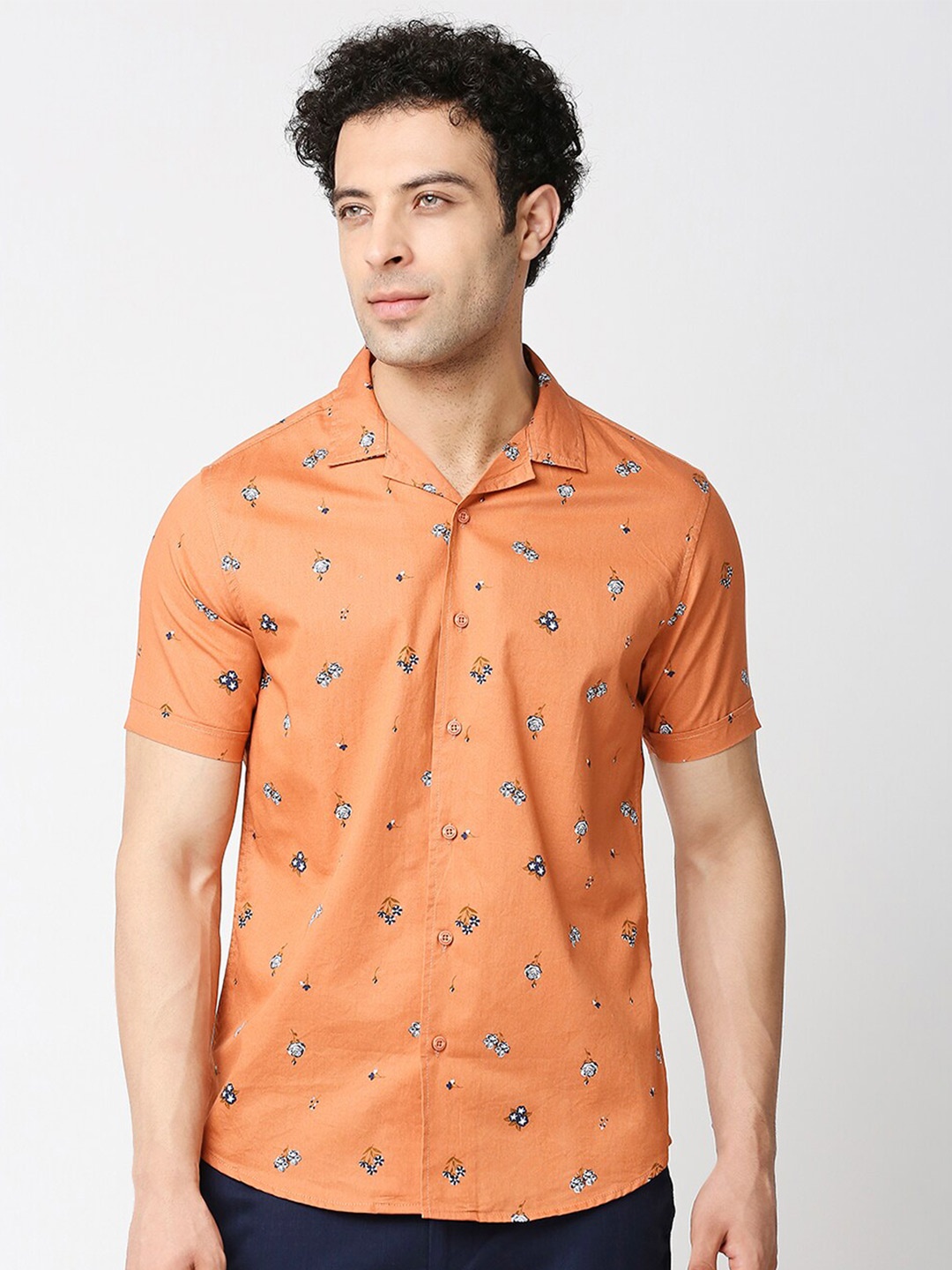 

HERE&NOW Men Premium Slim Fit Floral Printed Casual Cotton Shirt, Orange