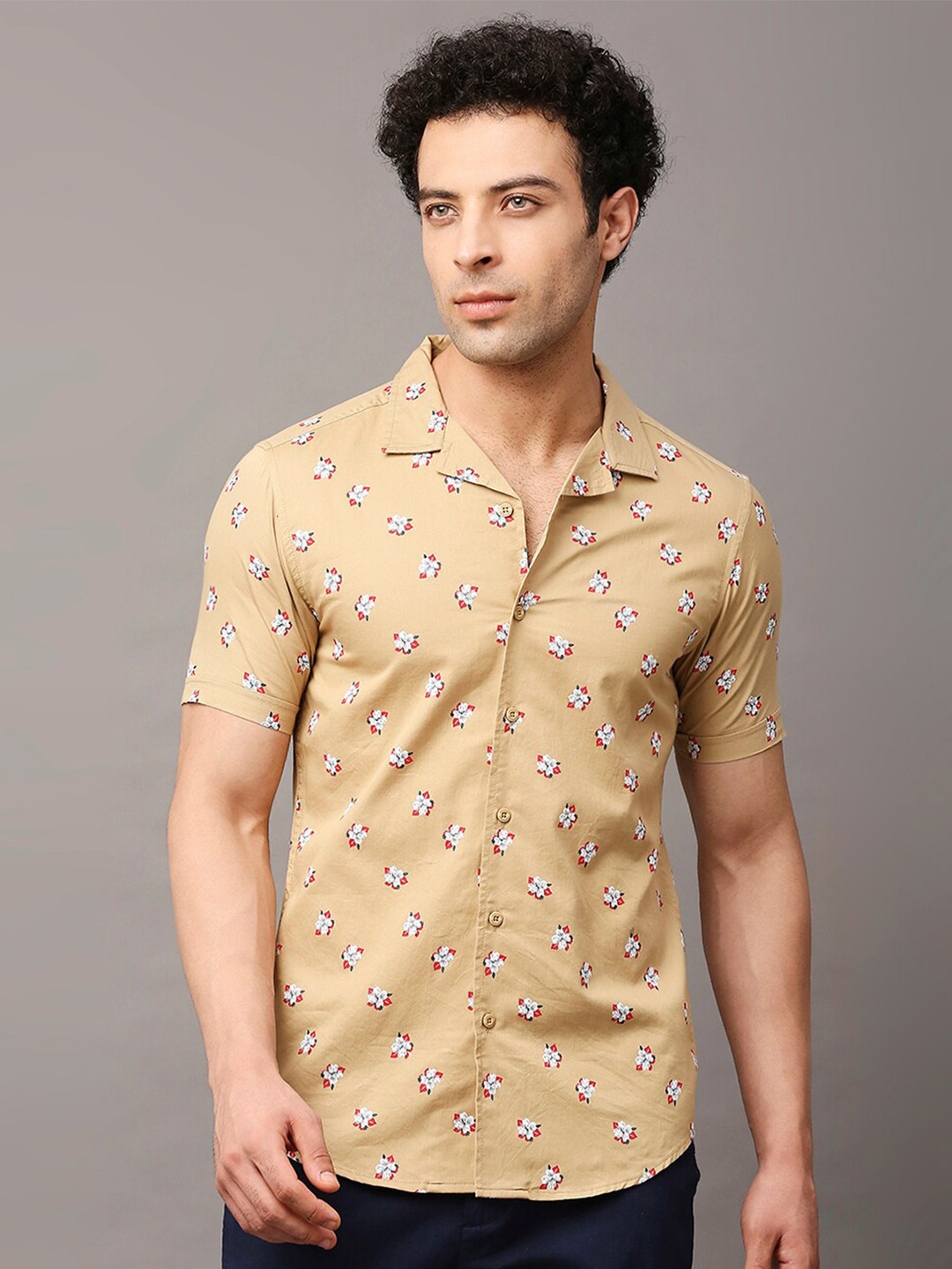 

HERE&NOW Men Premium Conversational Floral Printed Slim Fit Casual Cotton Shirt, Khaki