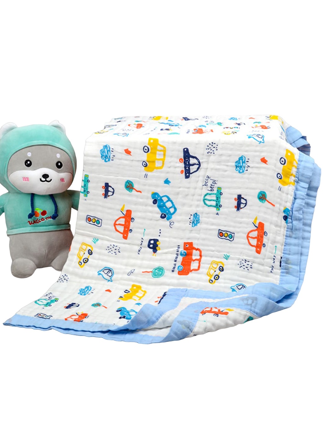 

Moms Home Kids White & Blue Printed 500 GSM Organic Cotton 6 Layer Absorbent Towel