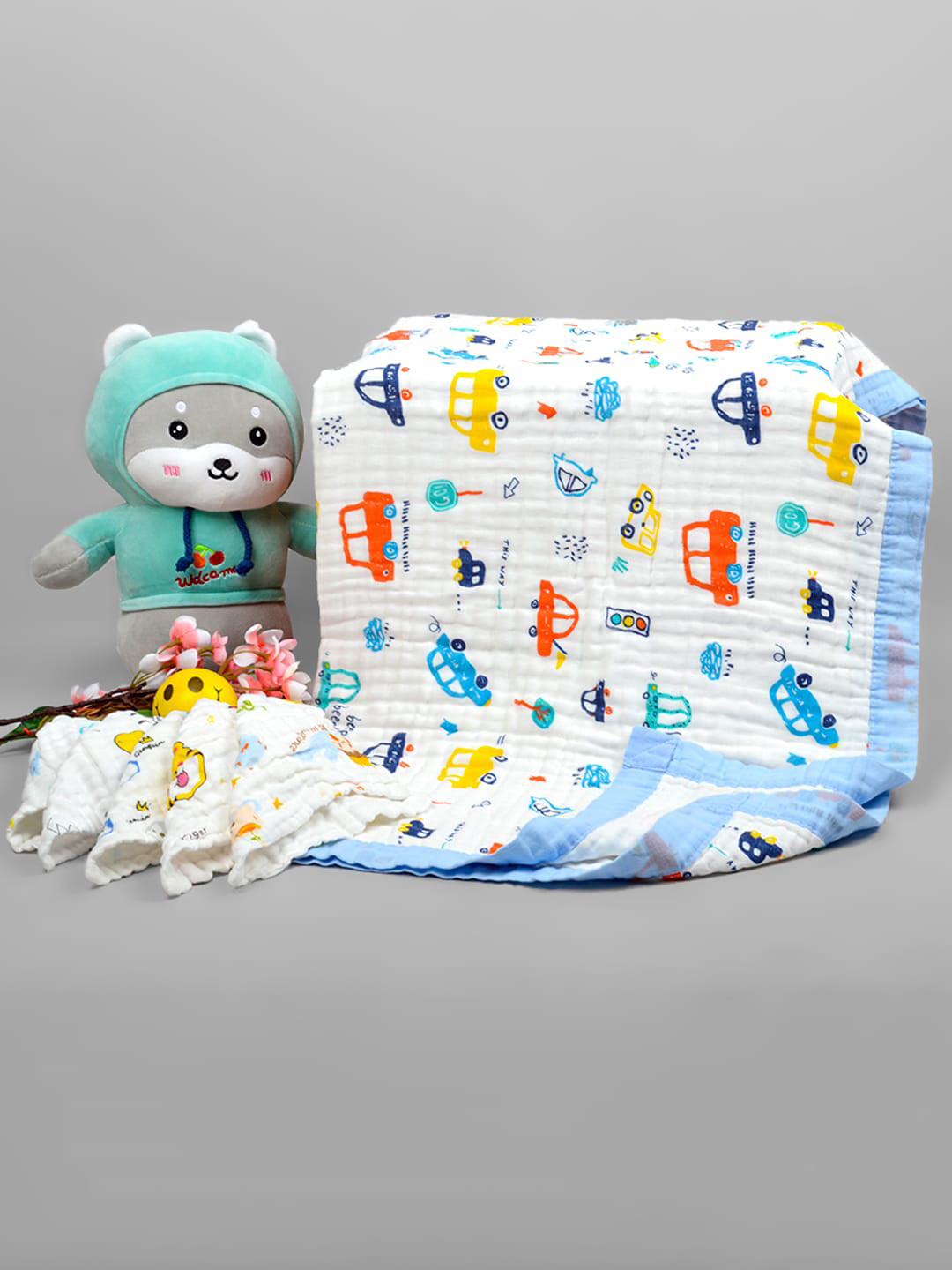

Moms Home Kids 6 Pieces White & Blue Printed Organic Cotton 6 Layered Towels