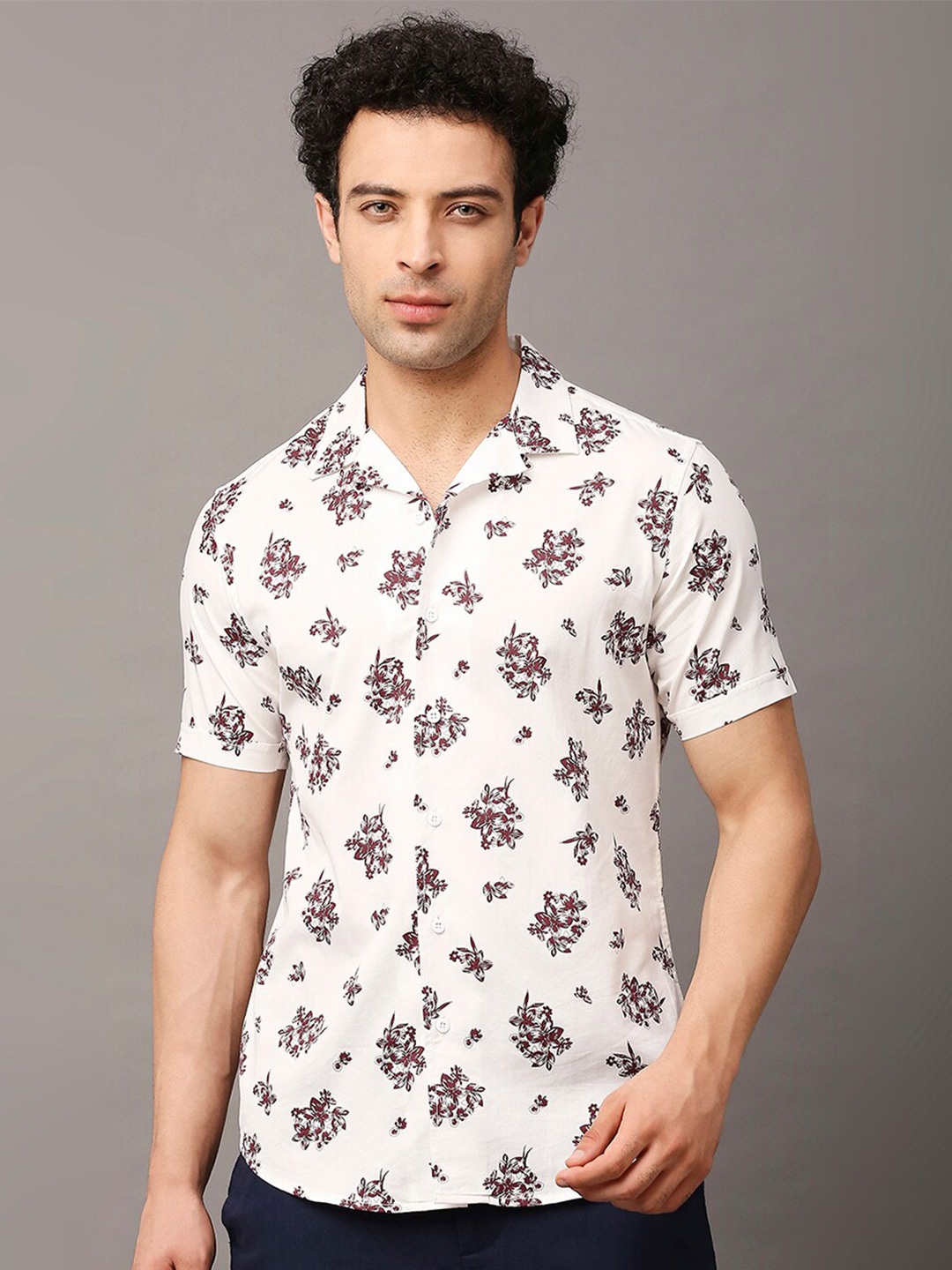 

HERE&NOW Men Premium Slim Fit Floral Printed Casual Pure Cotton Shirt, White