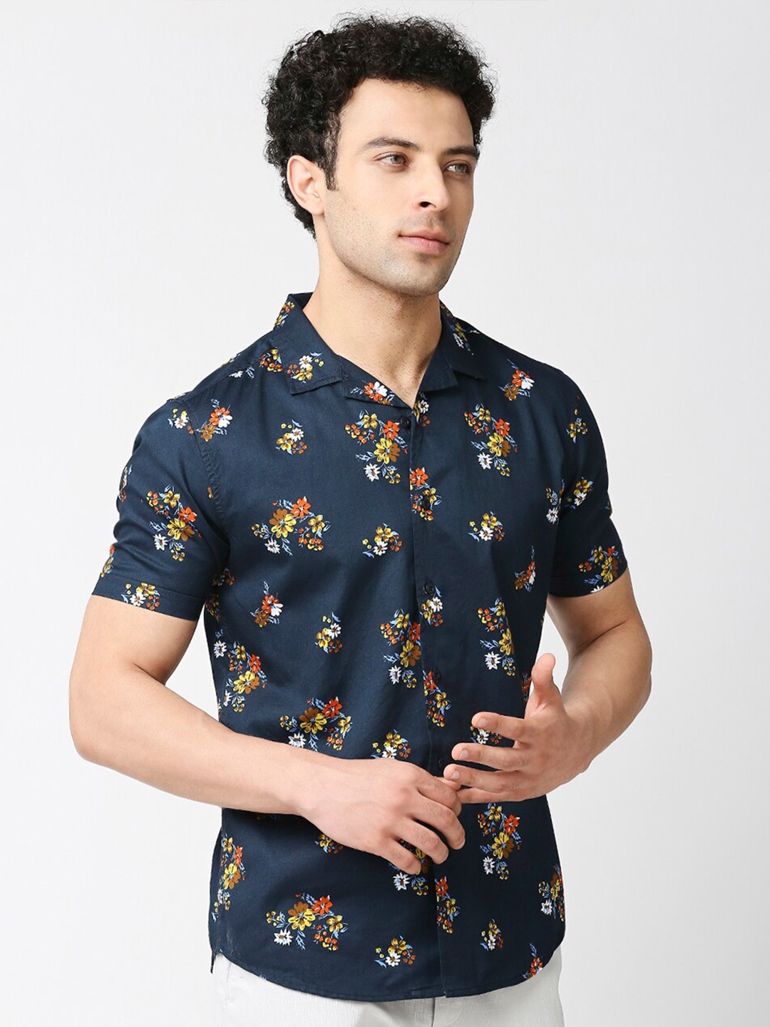 

HERE&NOW Men Premium Slim Fit Floral Printed Casual Pure Cotton Shirt, Teal