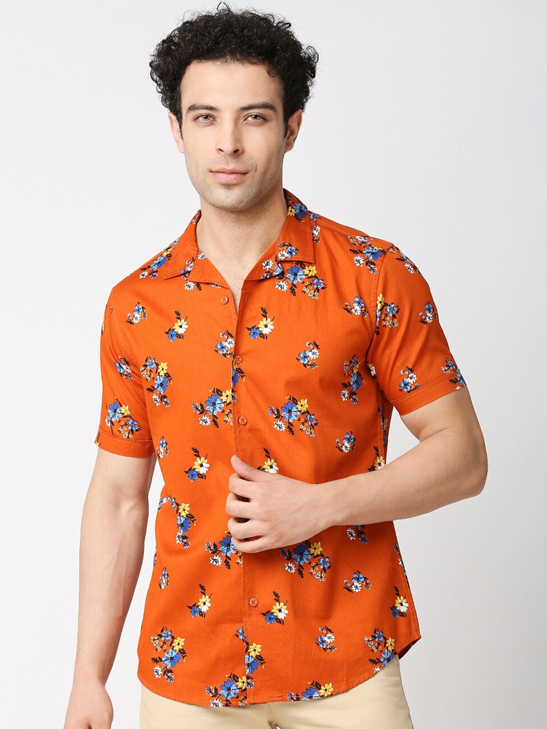 

HERE&NOW Men Premium Slim Fit Floral Printed Casual Pure Cotton Shirt, Orange