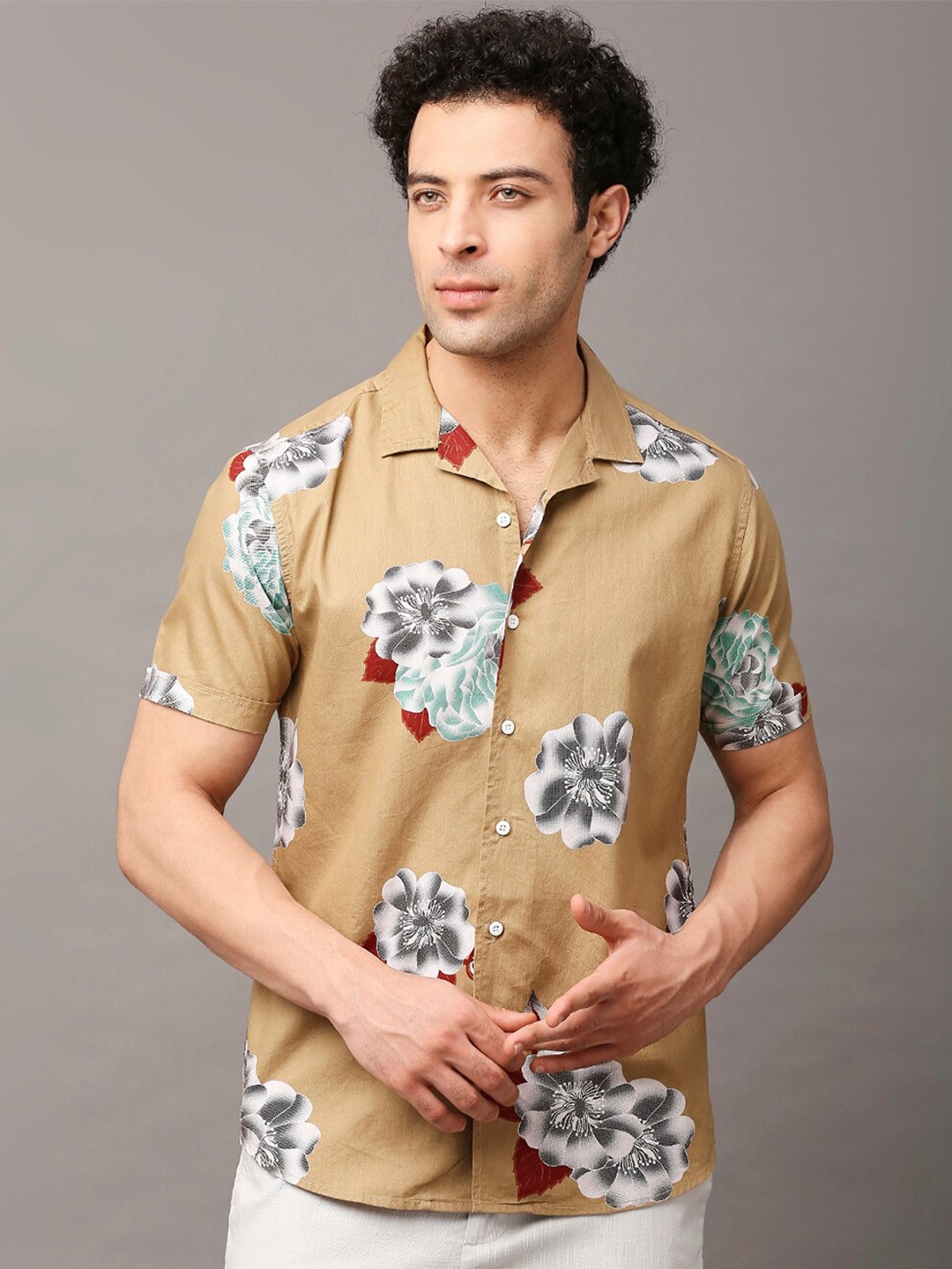 

HERE&NOW Men Premium Slim Fit Floral Cuban Collar Pure Cotton Shirt, Beige