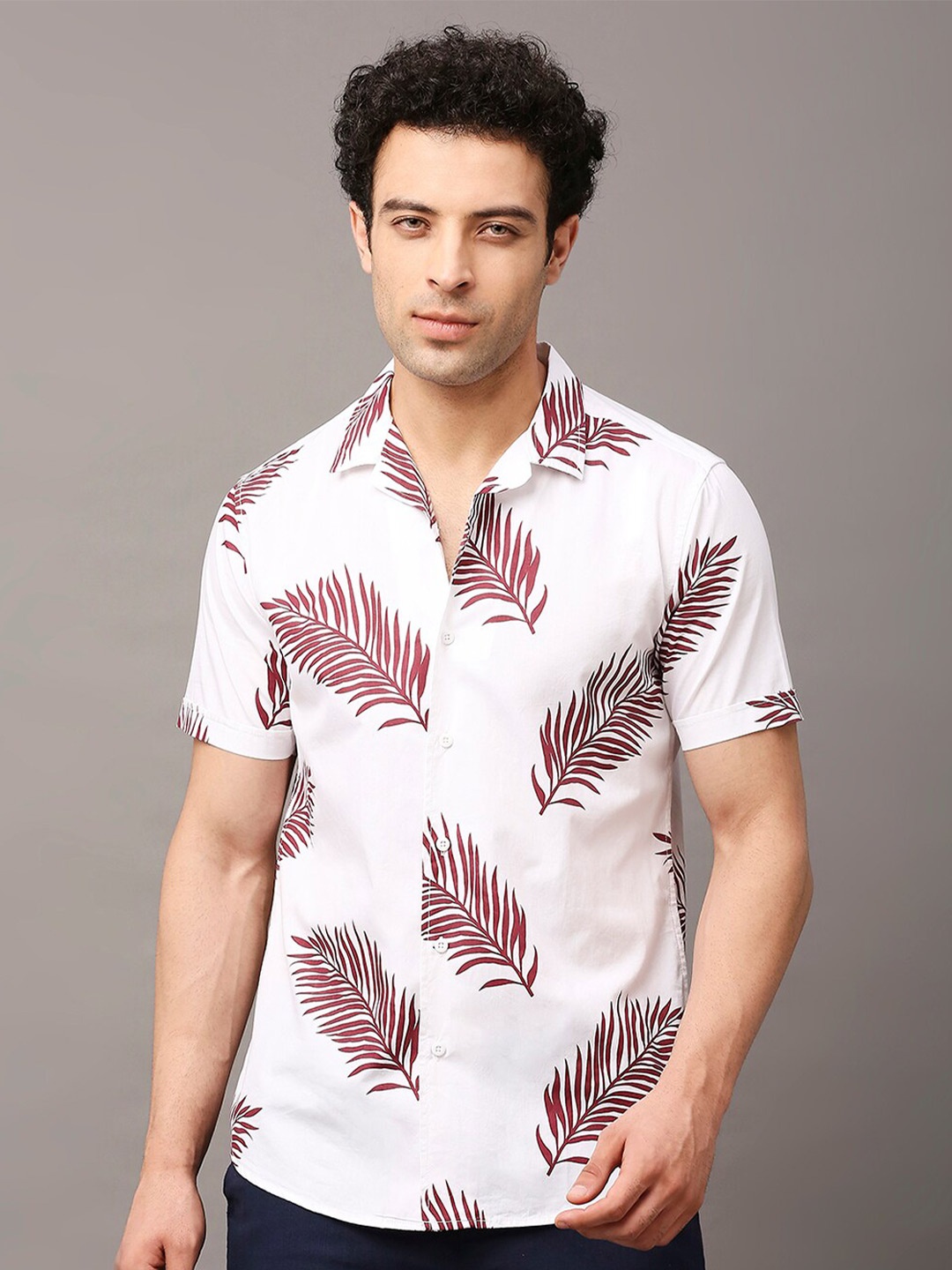 

HERE&NOW Men Premium Slim Fit Tropical Printed Casual Pure Cotton Shirt, White