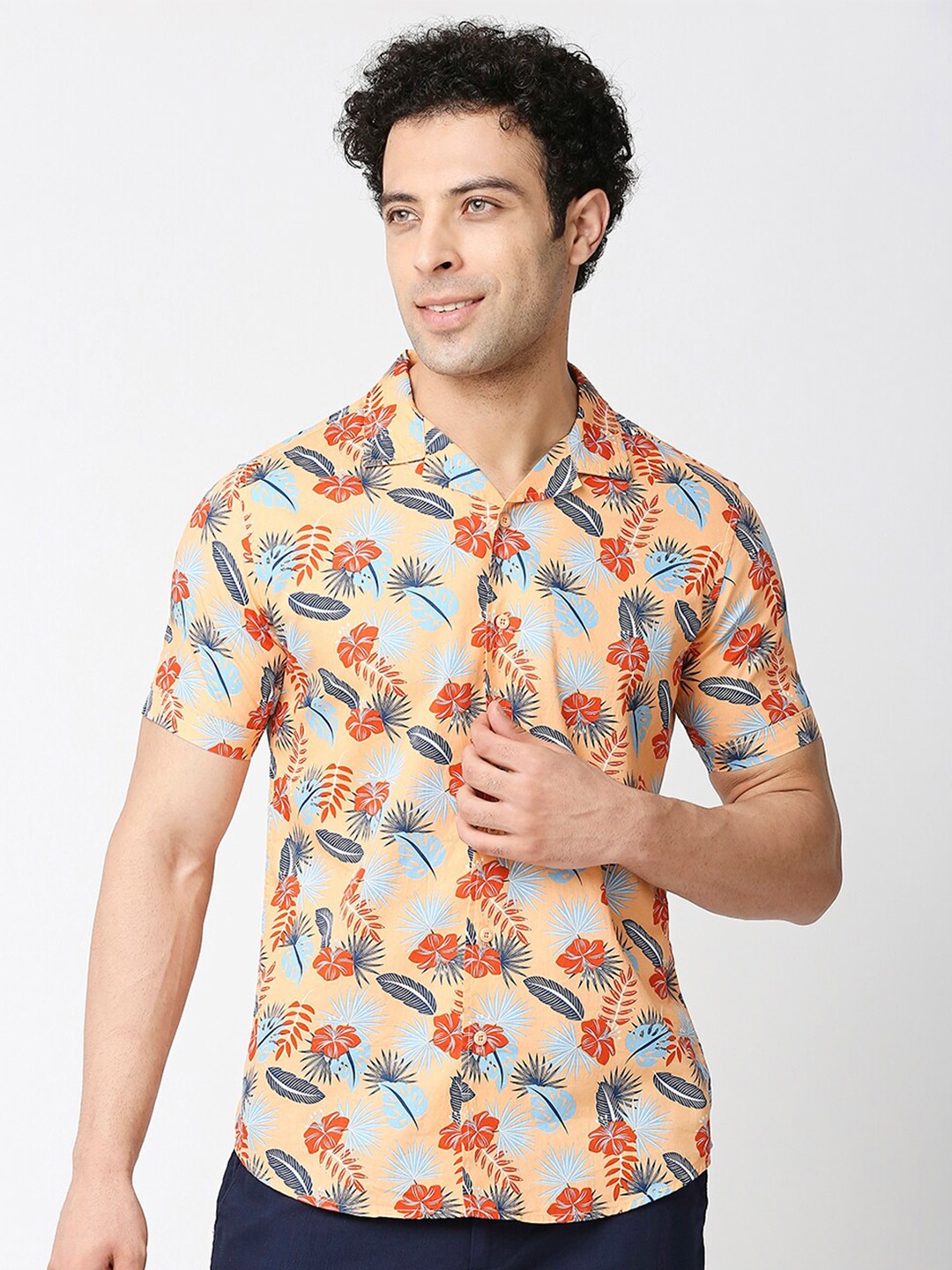 

HERE&NOW Men Premium Slim Fit Floral Printed Casual Pure Cotton Shirt, Orange