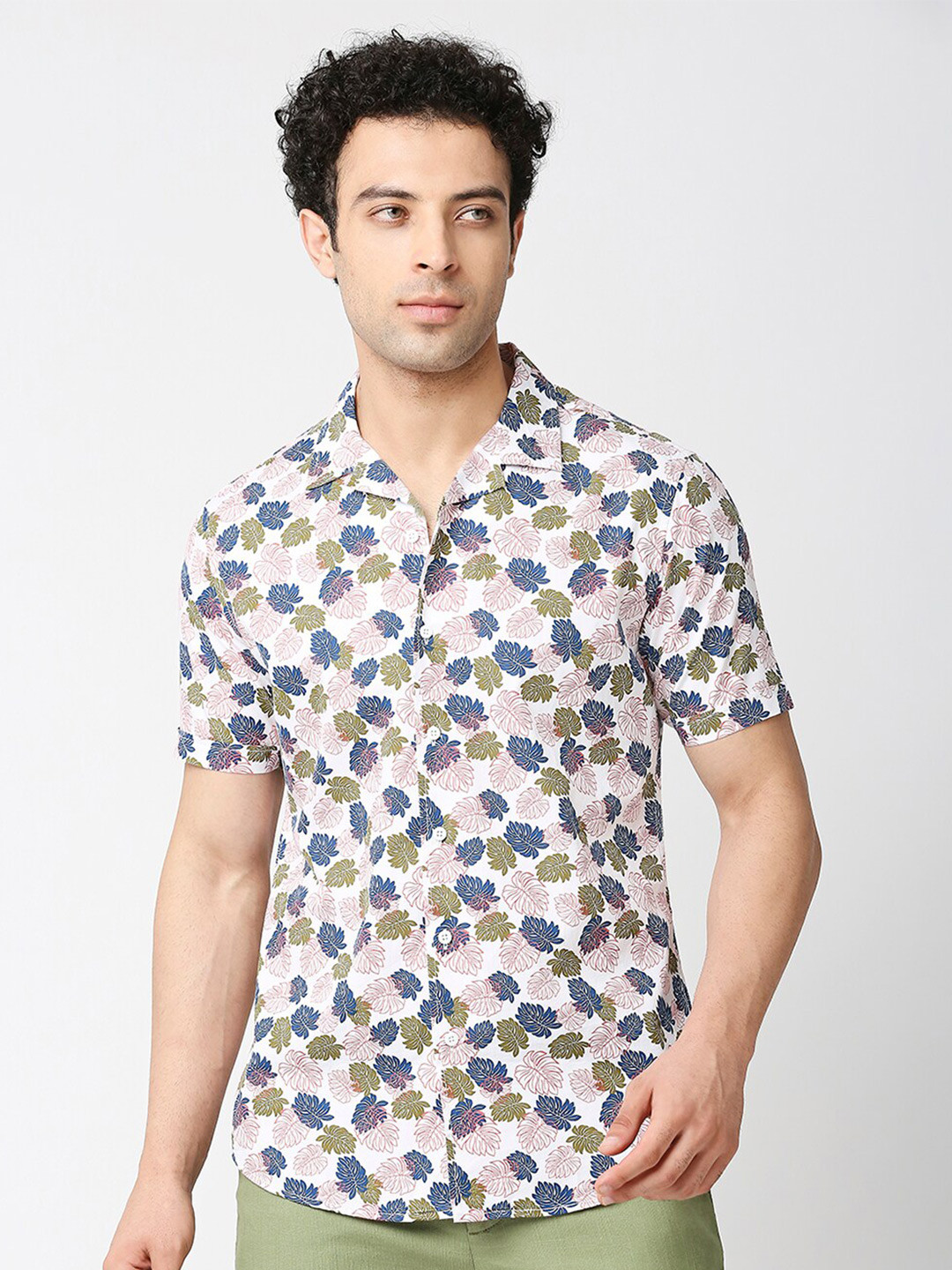 

HERE&NOW Men Premium Slim Fit Tropical Printed Casual Pure Cotton Shirt, White