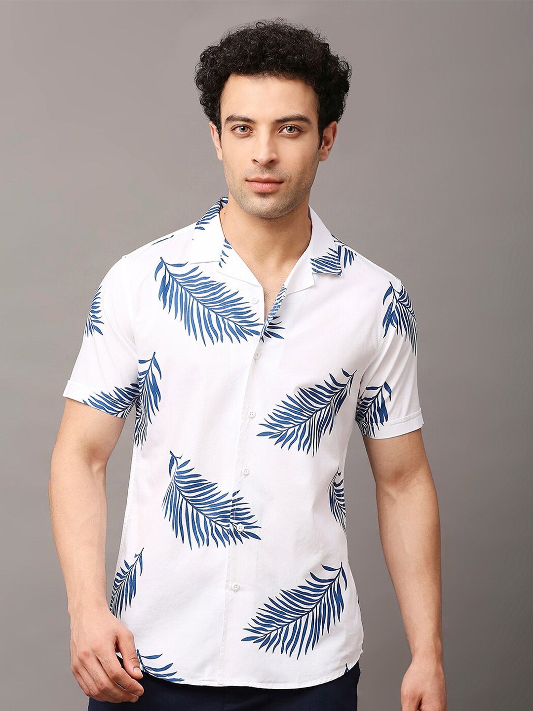 

HERE&NOW Men Premium Slim Fit Tropical Printed Casual Pure Cotton Shirt, White