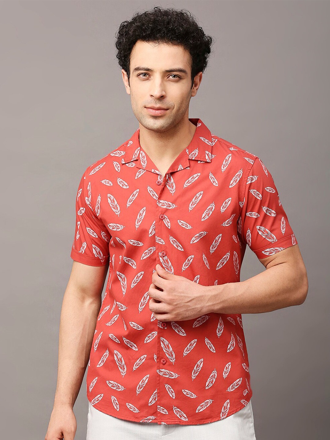 

HERE&NOW Men Premium Slim Fit Printed Casual Pure Cotton Shirt, Red