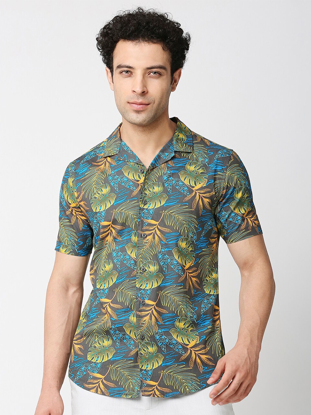 

HERE&NOW Men Premium Slim Fit Tropical Printed Casual Pure Cotton Shirt, Olive