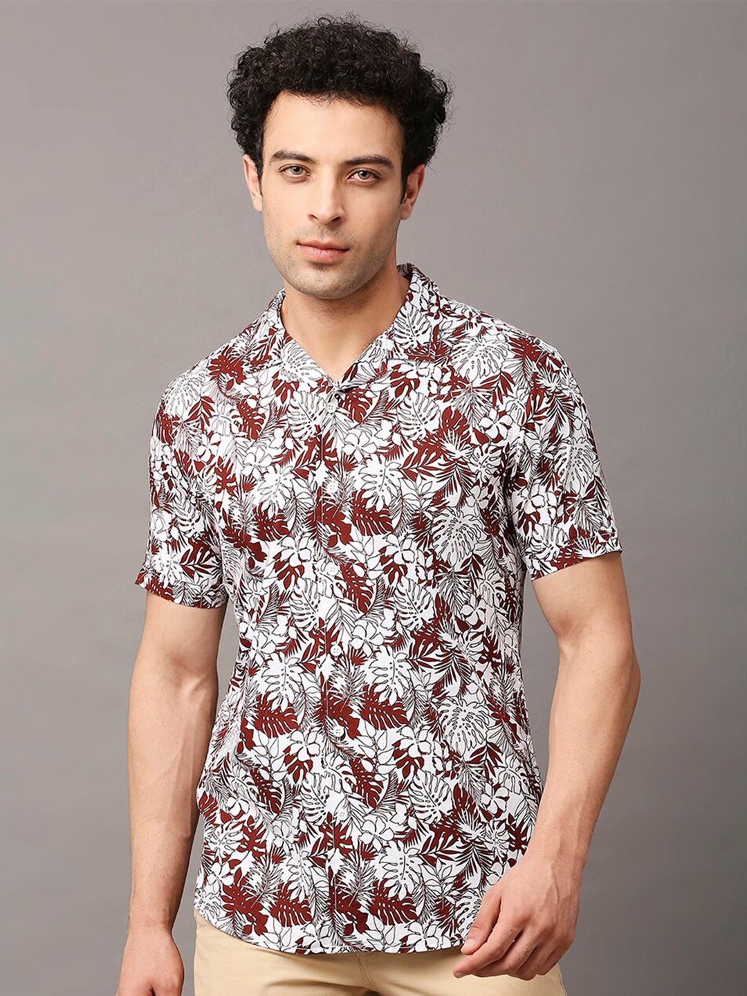 

HERE&NOW Men Premium Slim Fit Floral Printed Casual Pure Cotton Shirt, Maroon