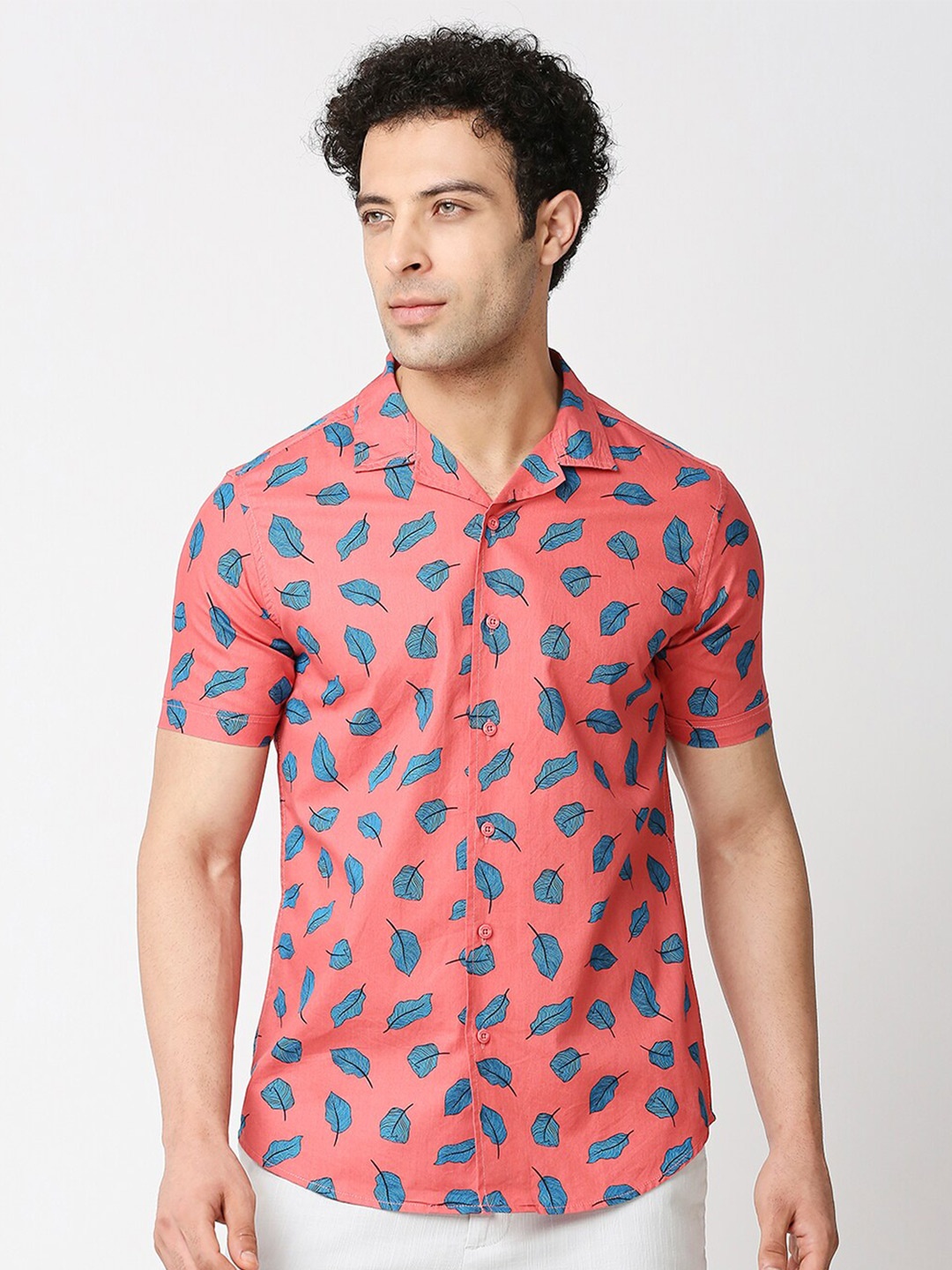 

HERE&NOW Men Printed Slim Fit Casual Pure Cotton Shirt, Peach