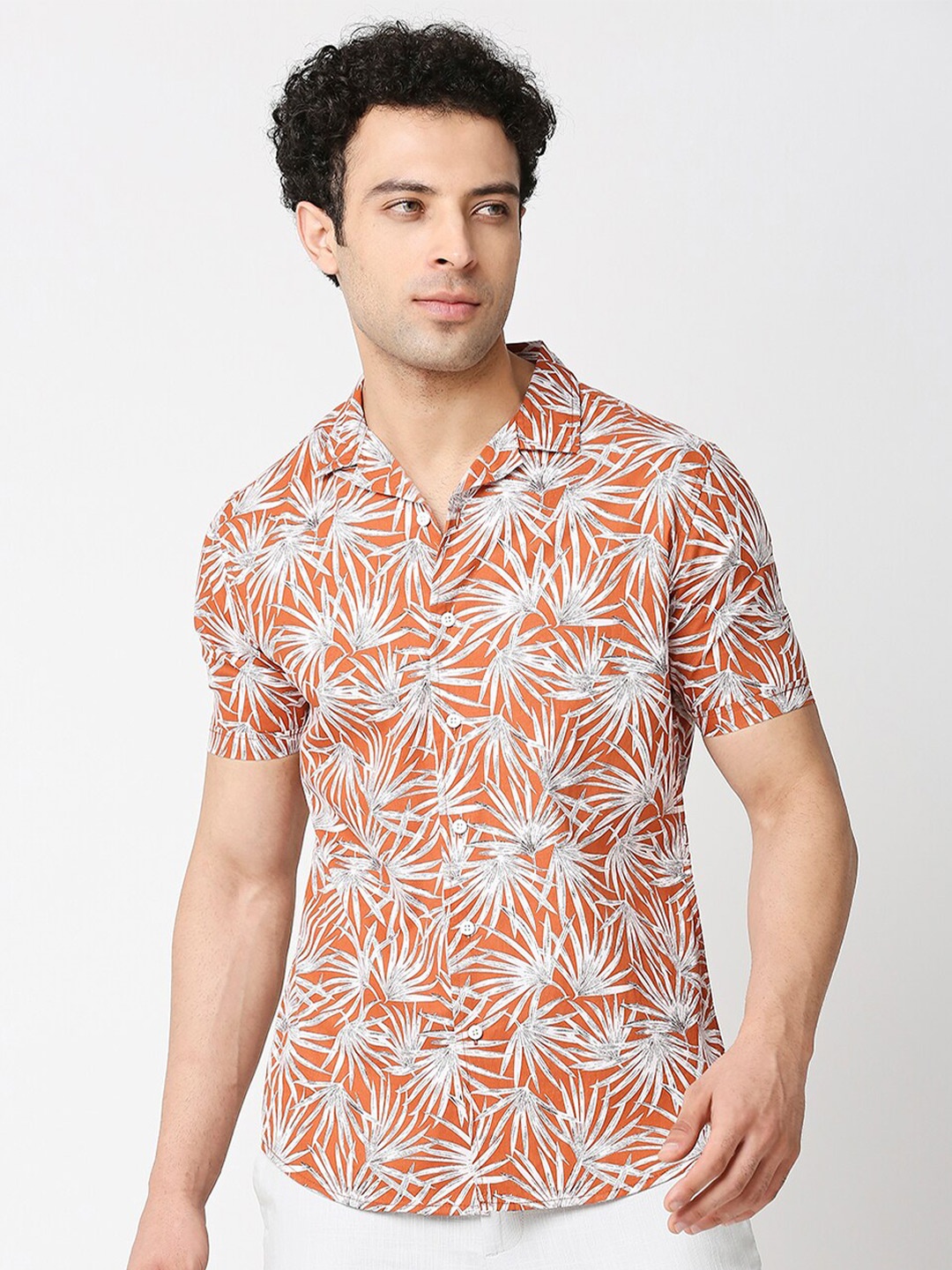 

HERE&NOW Men Premium Slim Fit Floral Printed Casual Pure Cotton Shirt, Orange