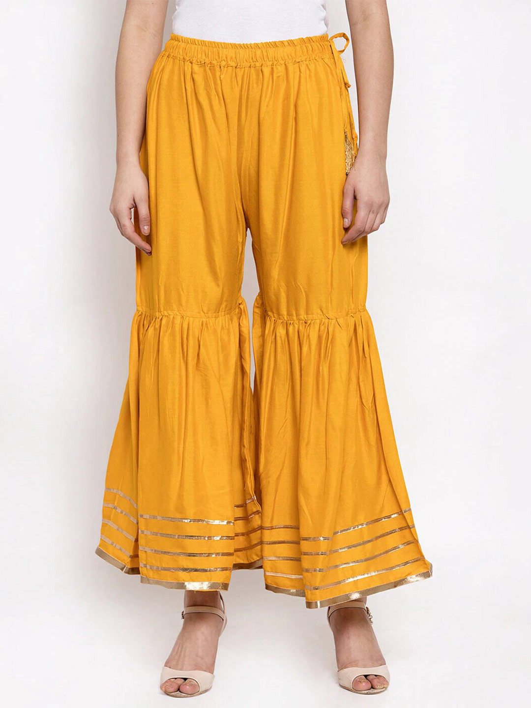 

BCZ Style Women Flared Woven Palazzos, Mustard