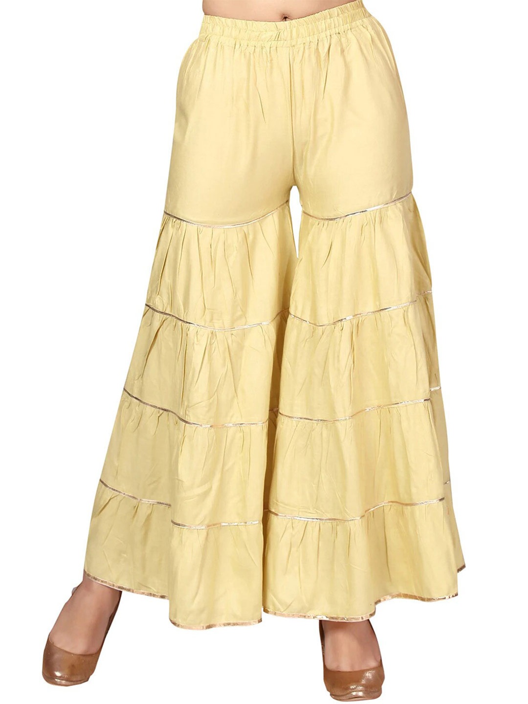 

BCZ Style Women Gold-Toned Flared Handloom Palazzos