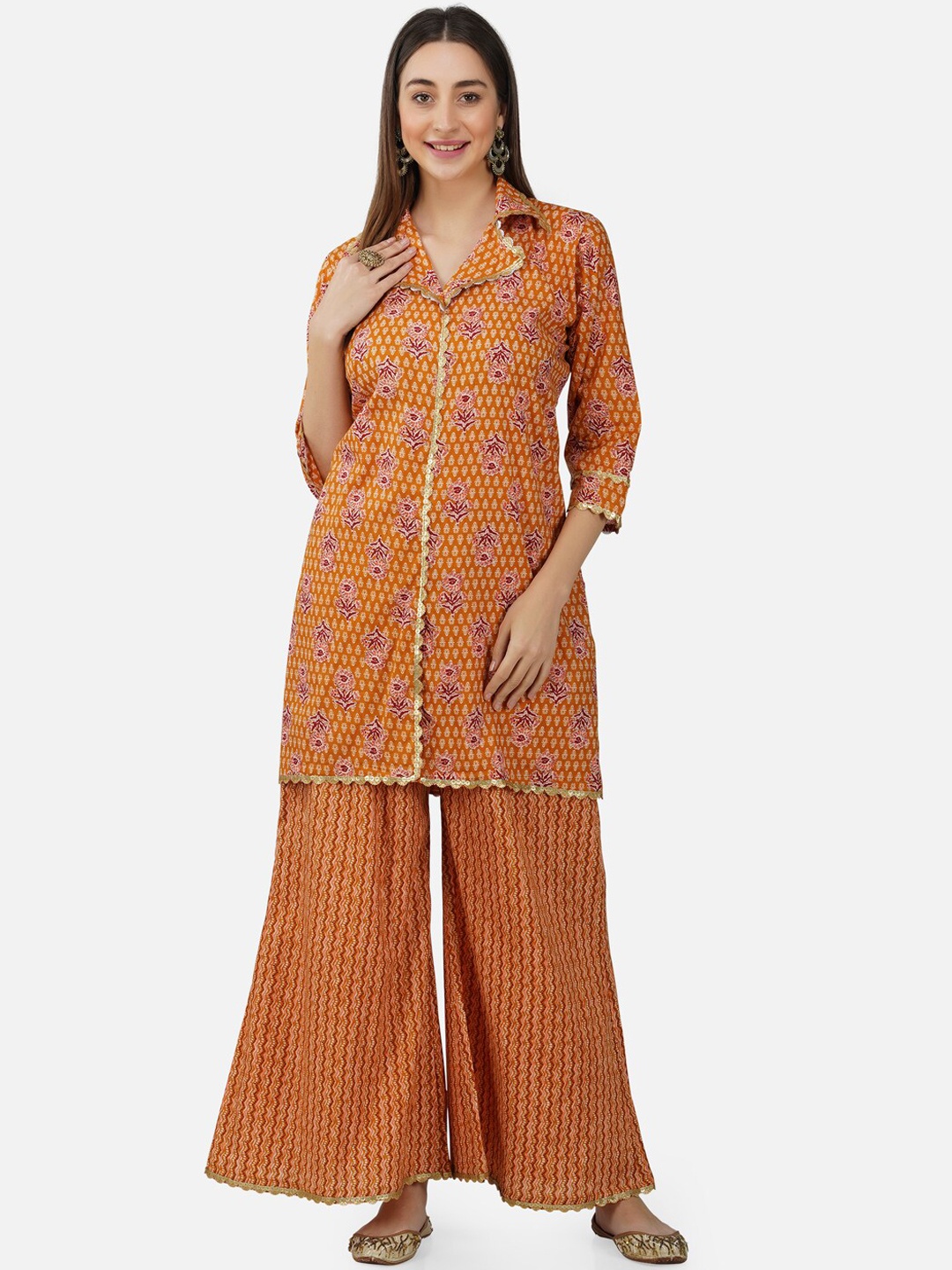 

BCZ Style Women Floral Printed Sequinned Pure Cotton Kurta with Palazzos, Orange